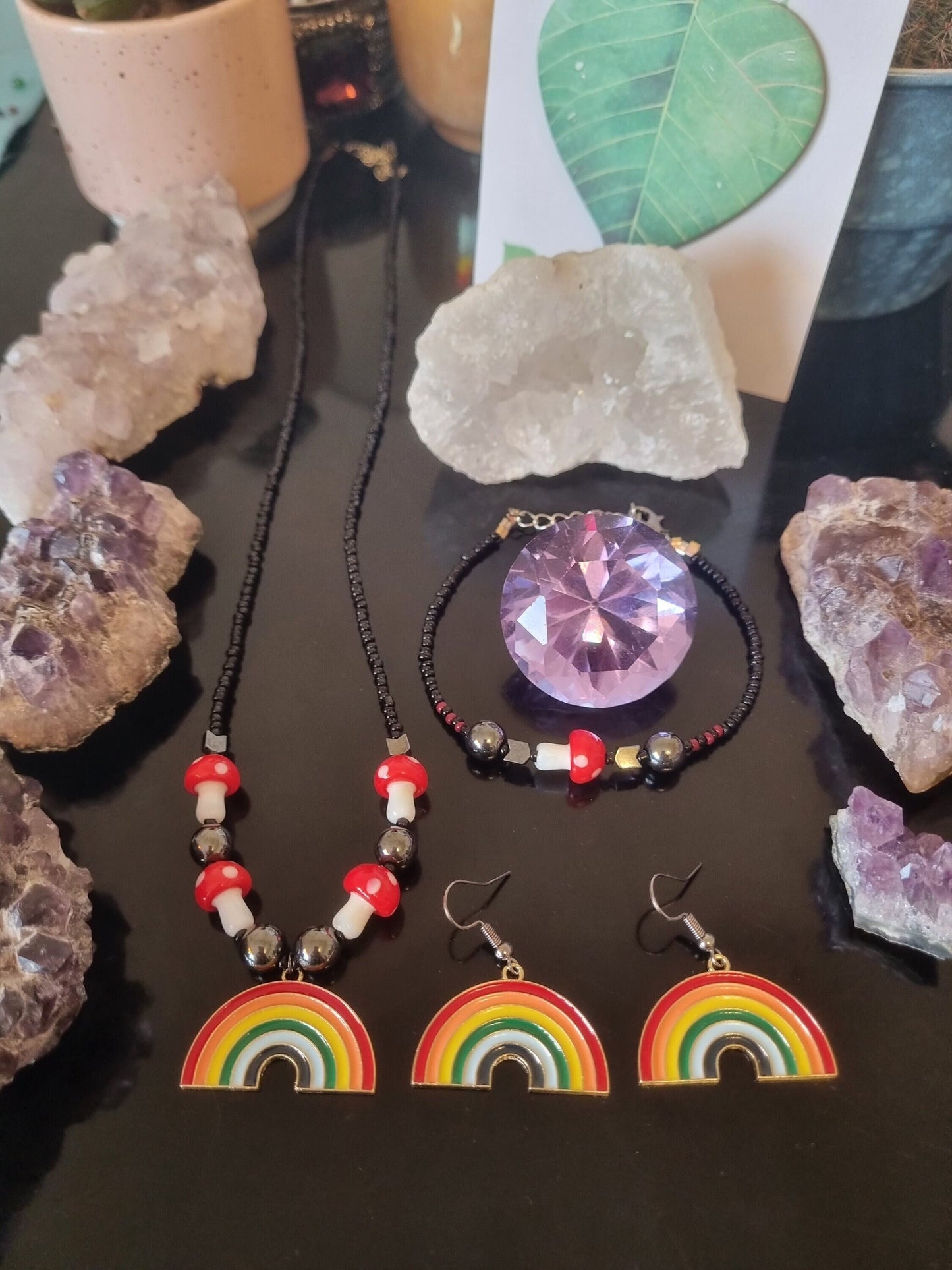 Set: Rainbow and Red Mushroom Set with 3 Rainbow Pendants and 5 Red White Mushroom Glass Beads, Hematite Styled Beads, Black Red Glass Beads