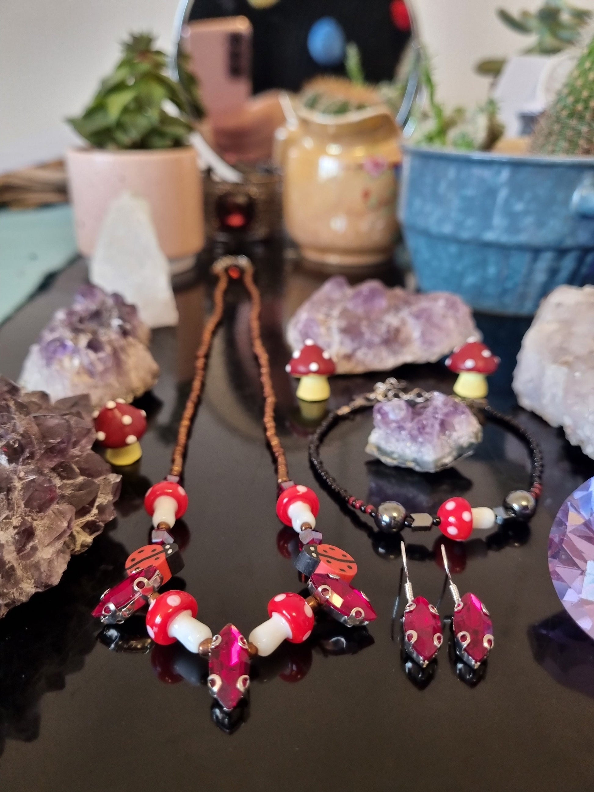 Set: 5 Red Oval and 5 Red - White Mushroom Pendants, Handmade Necklace Earrings and Bracelet, Black, Red, Brown Glass Jewellery Beaded Set