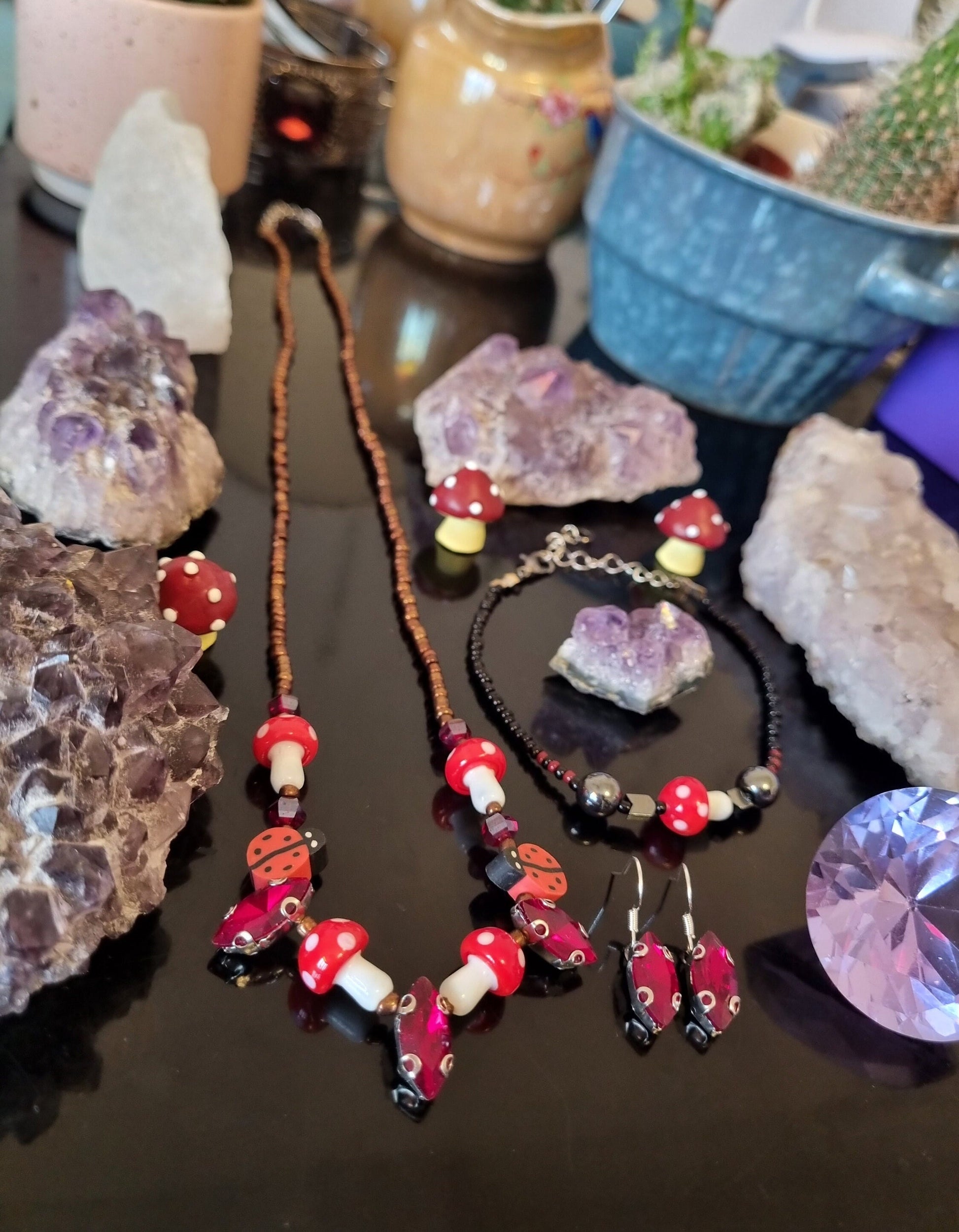 Set: 5 Red Oval and 5 Red - White Mushroom Pendants, Handmade Necklace Earrings and Bracelet, Black, Red, Brown Glass Jewellery Beaded Set