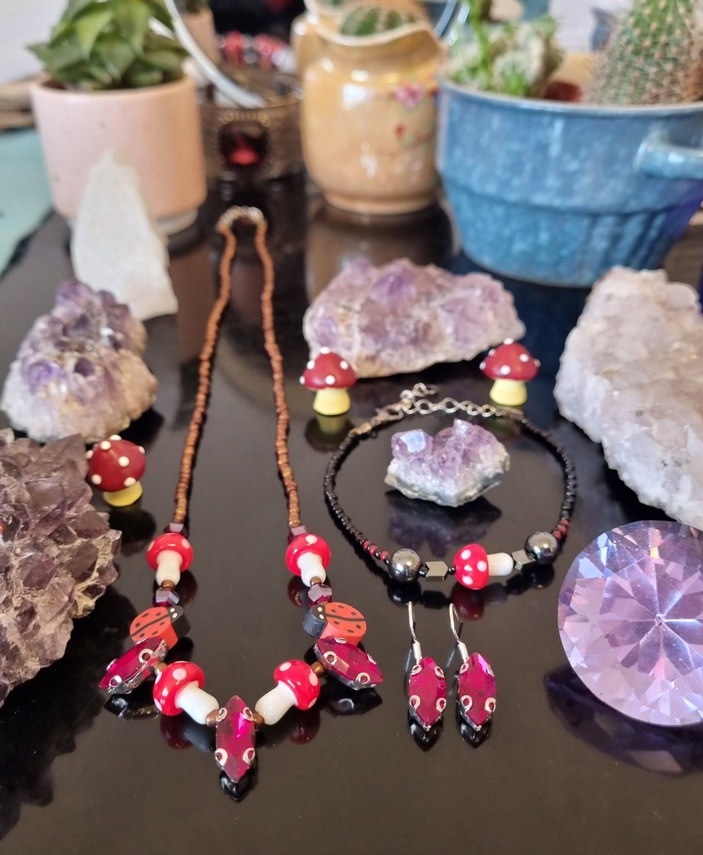 Set: 5 Red Oval and 5 Red - White Mushroom Pendants, Handmade Necklace Earrings and Bracelet, Black, Red, Brown Glass Jewellery Beaded Set