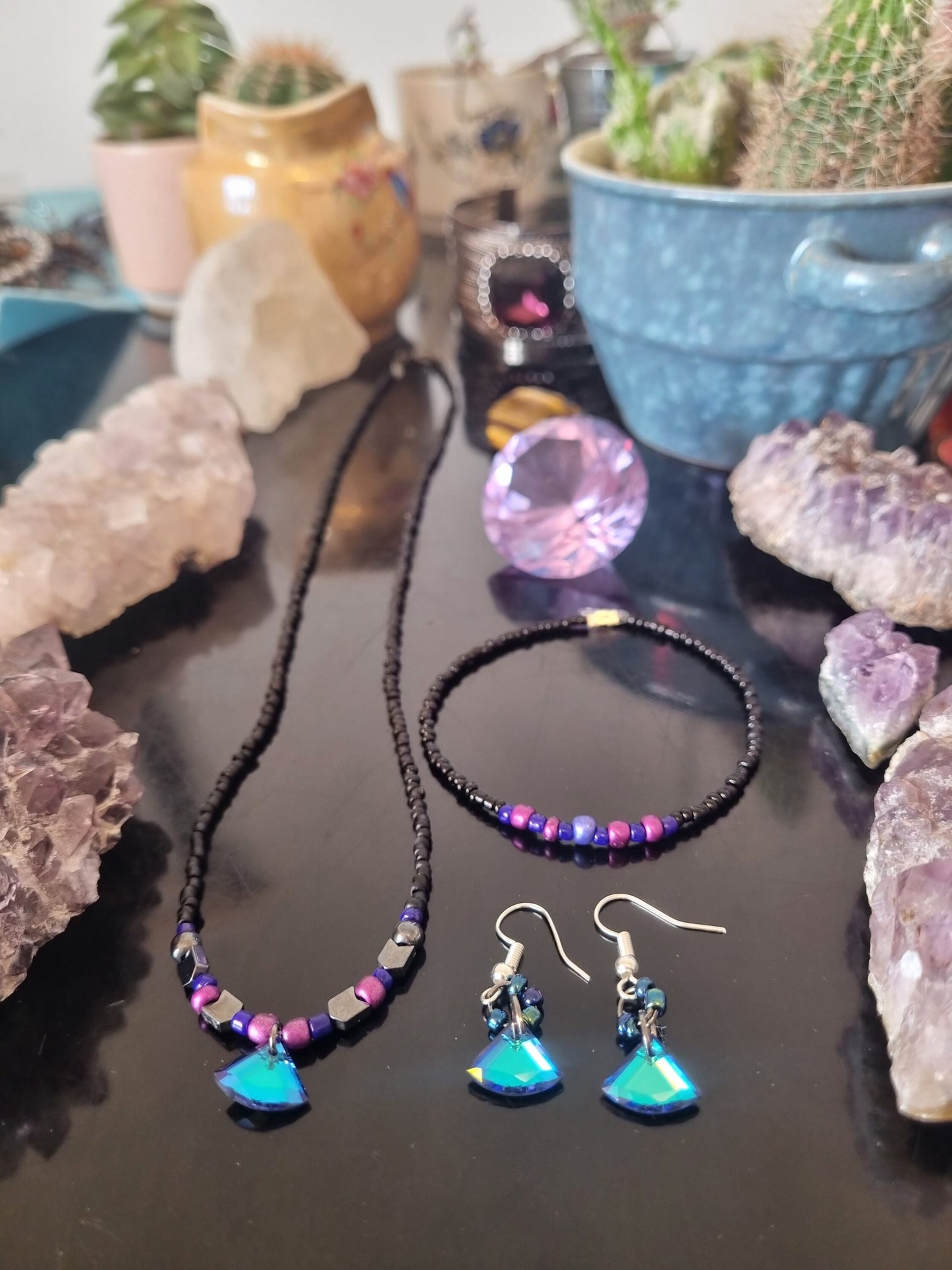 Bisexual Flag Colours Jewellery Set: 3 Blue Triangle Glass Pendants, Purple, Pink, Blue, Black Glass Beaded Necklace, Earrings and Bracelet