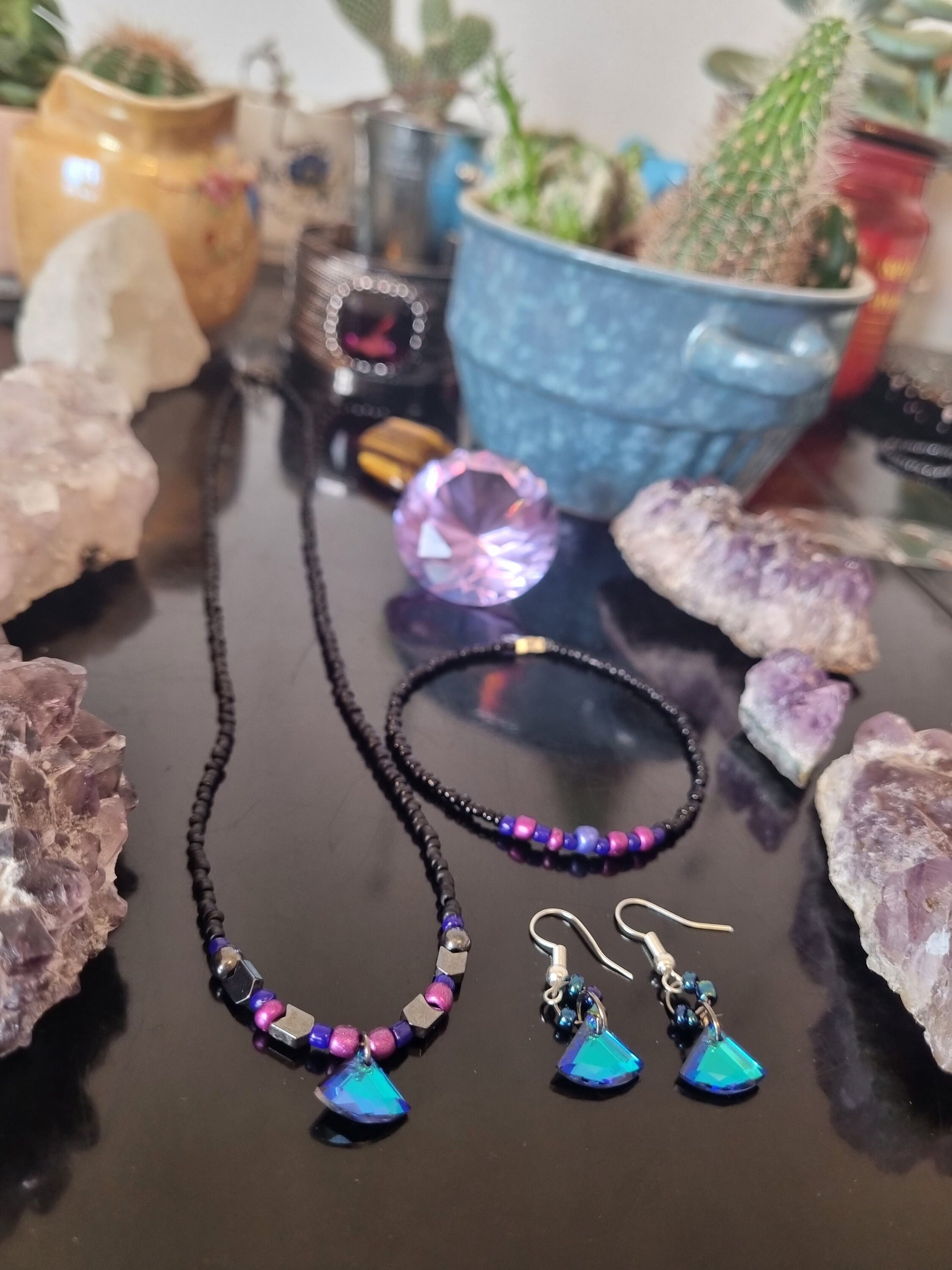 Bisexual Flag Colours Jewellery Set: 3 Blue Triangle Glass Pendants, Purple, Pink, Blue, Black Glass Beaded Necklace, Earrings and Bracelet