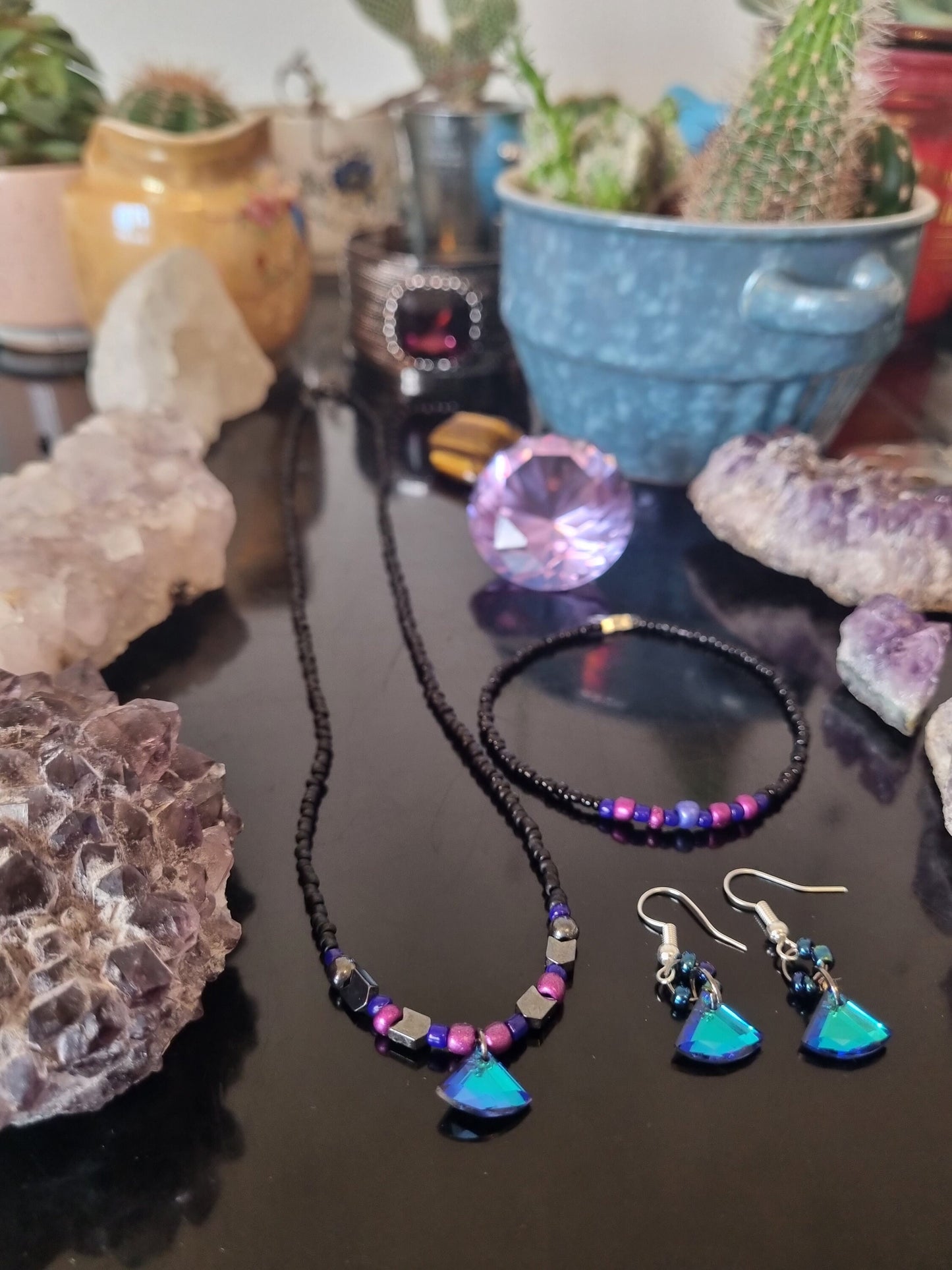 Bisexual Flag Colours Jewellery Set: 3 Blue Triangle Glass Pendants, Purple, Pink, Blue, Black Glass Beaded Necklace, Earrings and Bracelet