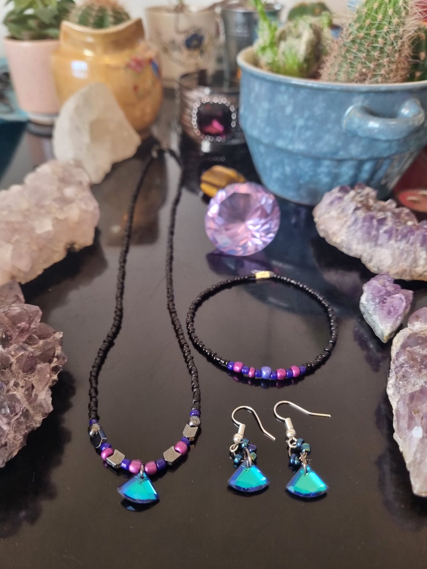 Bisexual Flag Colours Jewellery Set: 3 Blue Triangle Glass Pendants, Purple, Pink, Blue, Black Glass Beaded Necklace, Earrings and Bracelet