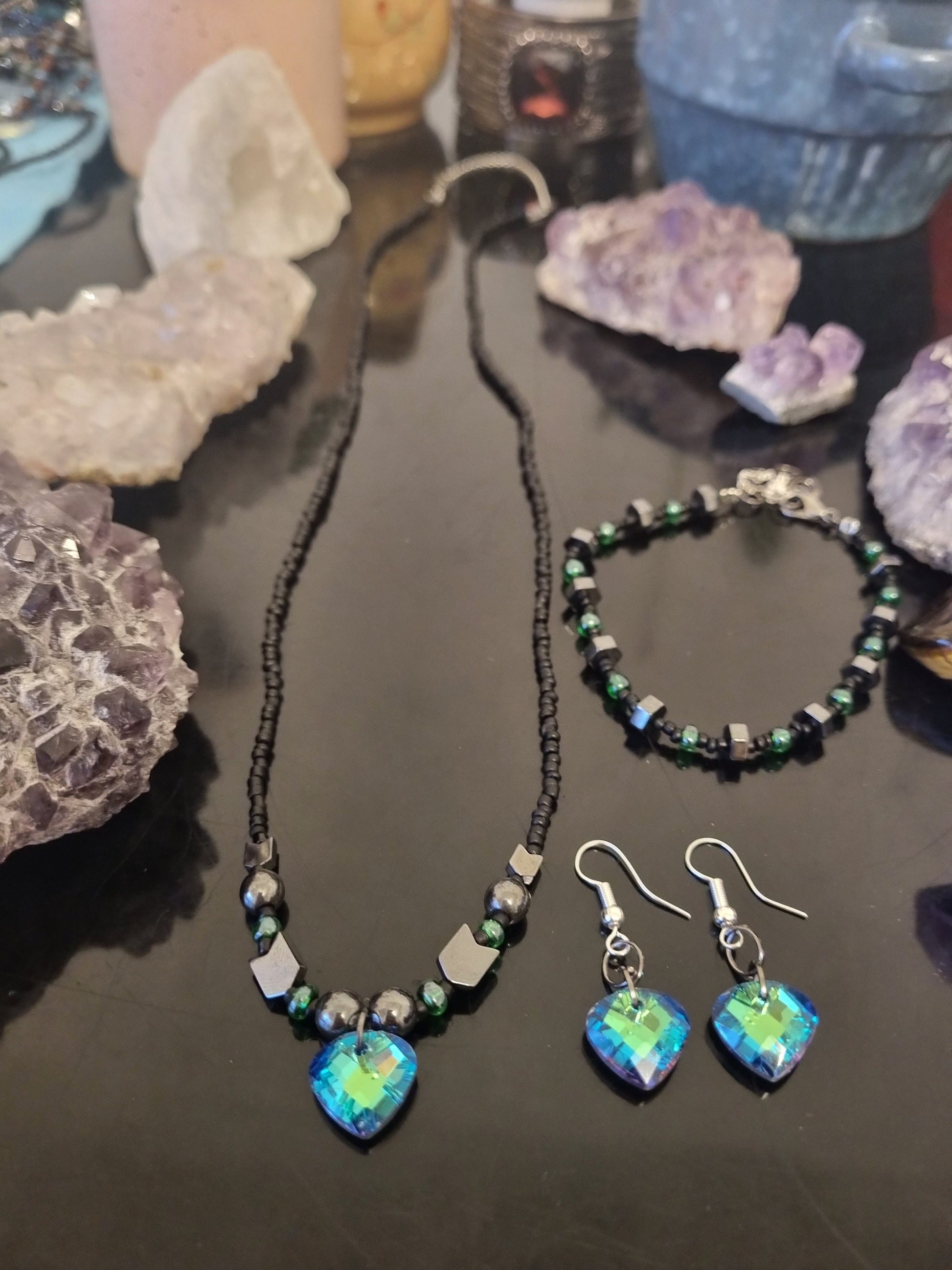 Set: 3 Stunning Green Glass Soft Triangle Pendants, Earrings, Necklace and Bracelet with Black and Green Glass Beads, Hematite Styled Beads