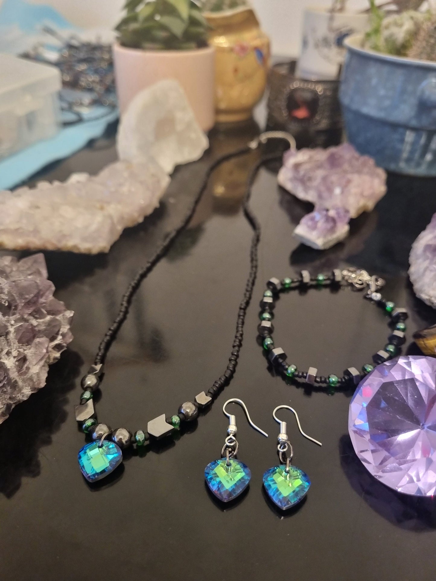 Set: 3 Stunning Green Glass Soft Triangle Pendants, Earrings, Necklace and Bracelet with Black and Green Glass Beads, Hematite Styled Beads