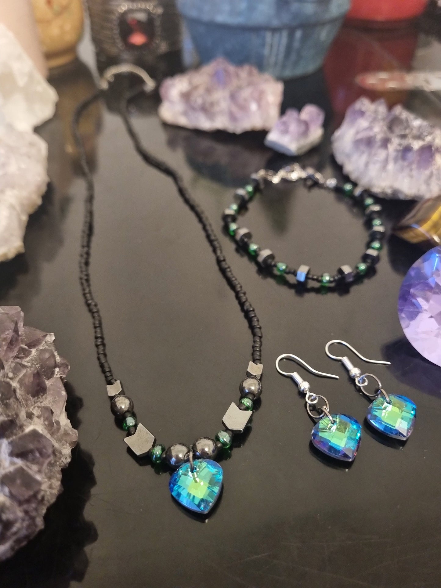 Set: 3 Stunning Green Glass Soft Triangle Pendants, Earrings, Necklace and Bracelet with Black and Green Glass Beads, Hematite Styled Beads