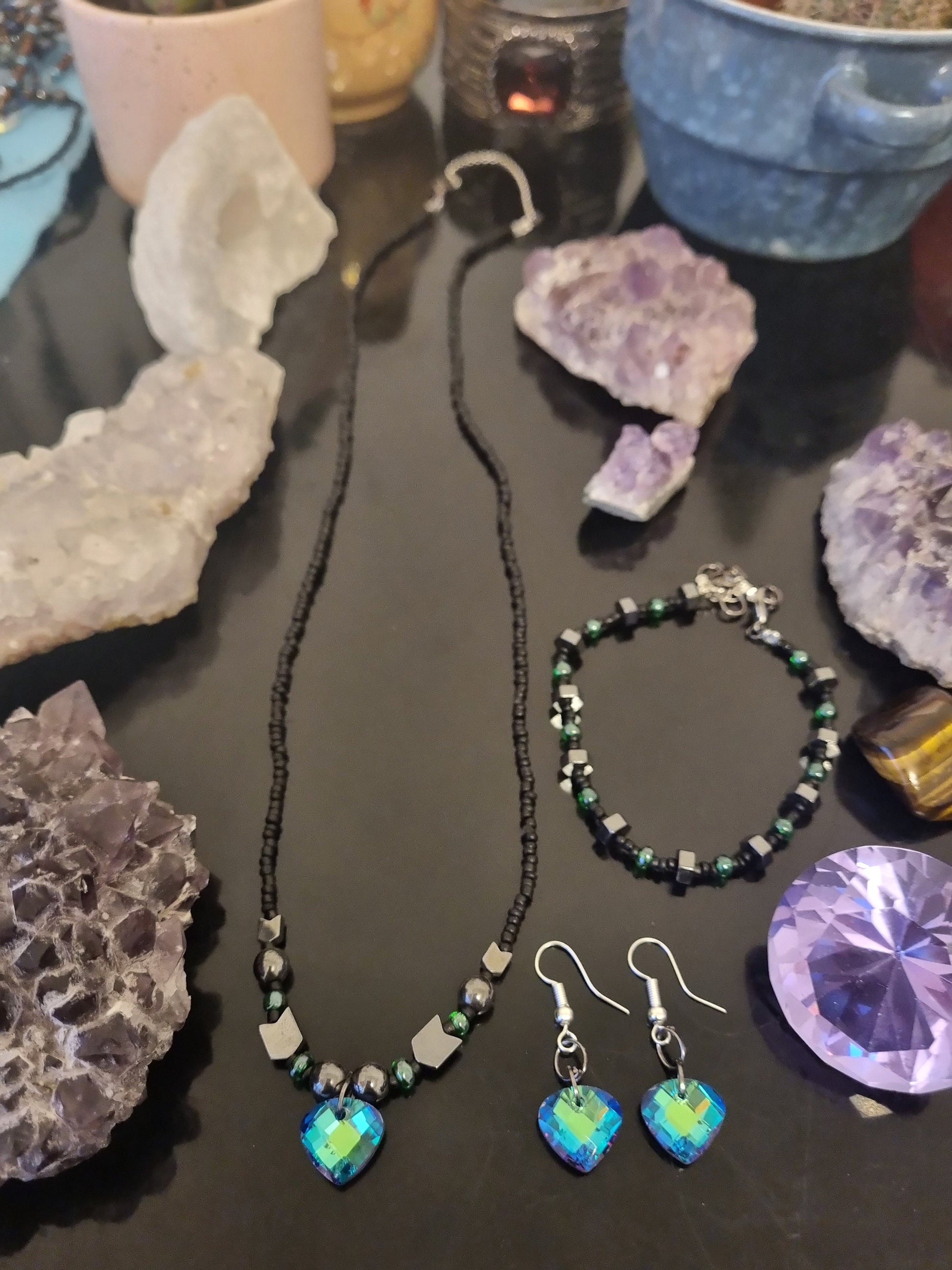 Set: 3 Stunning Green Glass Soft Triangle Pendants, Earrings, Necklace and Bracelet with Black and Green Glass Beads, Hematite Styled Beads