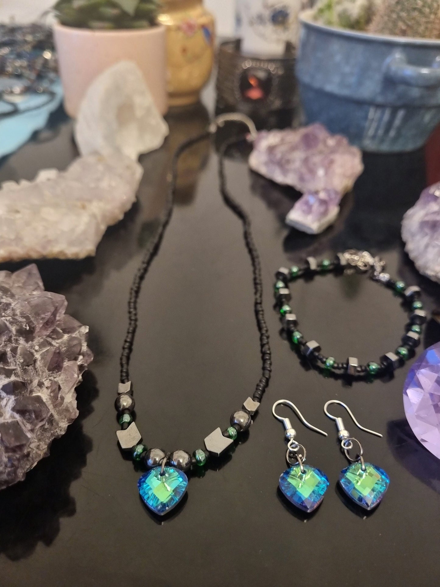 Set: 3 Stunning Green Glass Soft Triangle Pendants, Earrings, Necklace and Bracelet with Black and Green Glass Beads, Hematite Styled Beads