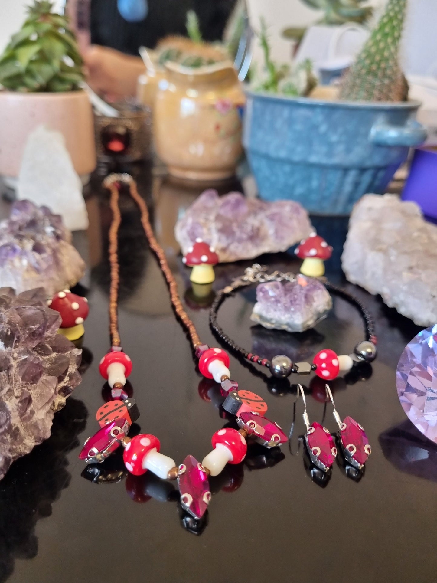 Set: 5 Red Oval and 5 Red - White Mushroom Pendants, Handmade Necklace Earrings and Bracelet, Black, Red, Brown Glass Jewellery Beaded Set