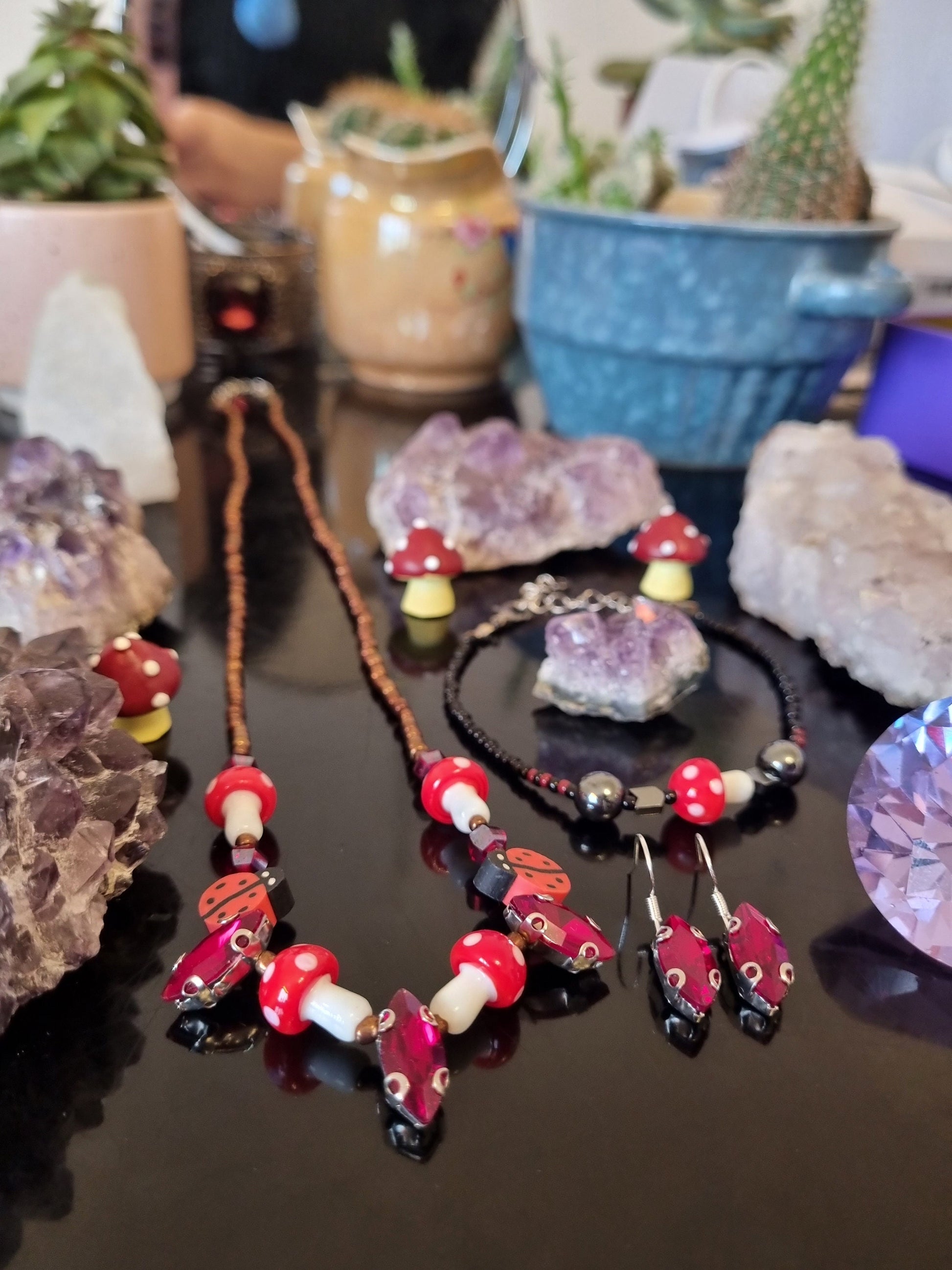 Set: 5 Red Oval and 5 Red - White Mushroom Pendants, Handmade Necklace Earrings and Bracelet, Black, Red, Brown Glass Jewellery Beaded Set