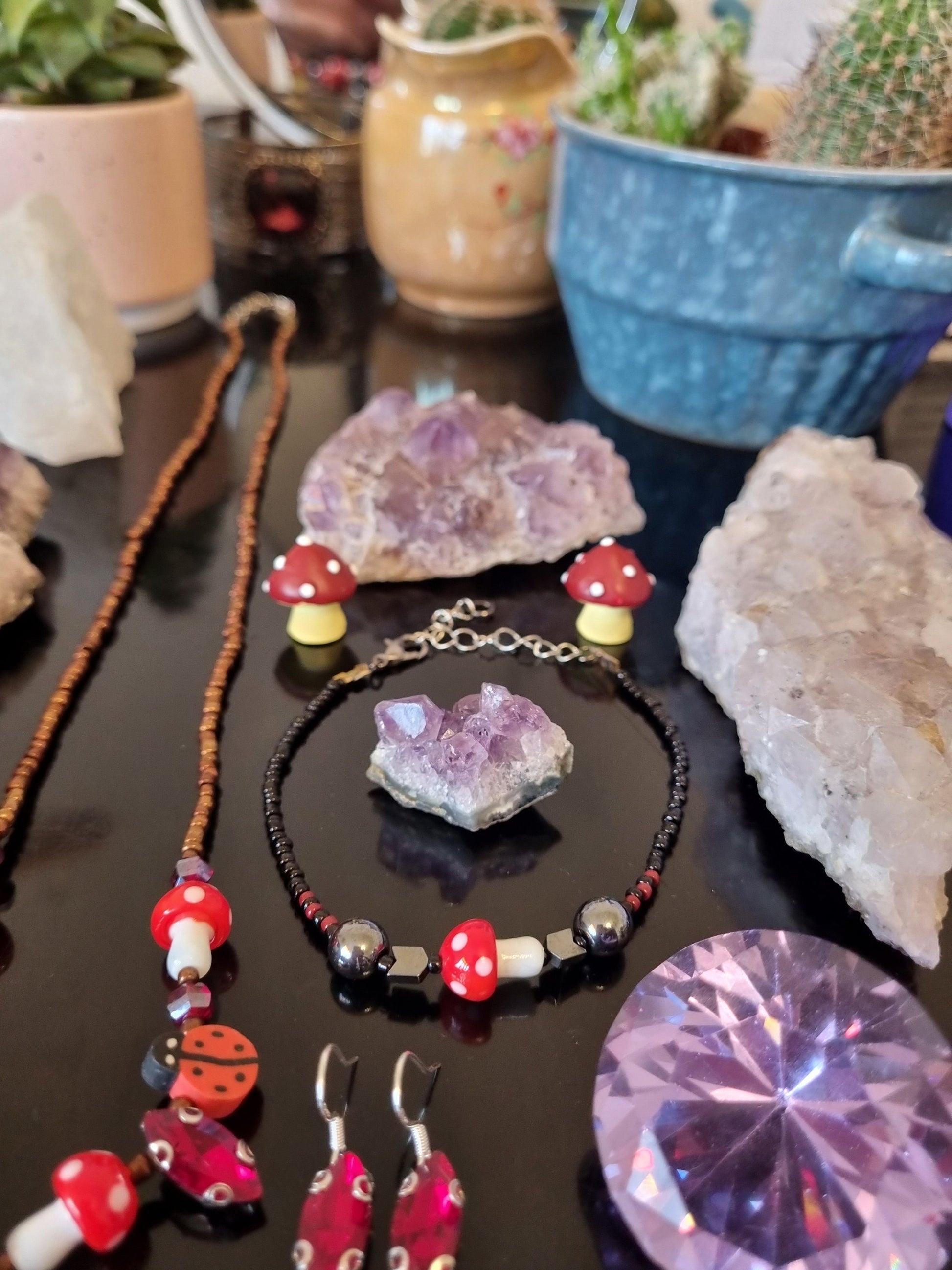 Set: 5 Red Oval and 5 Red - White Mushroom Pendants, Handmade Necklace Earrings and Bracelet, Black, Red, Brown Glass Jewellery Beaded Set