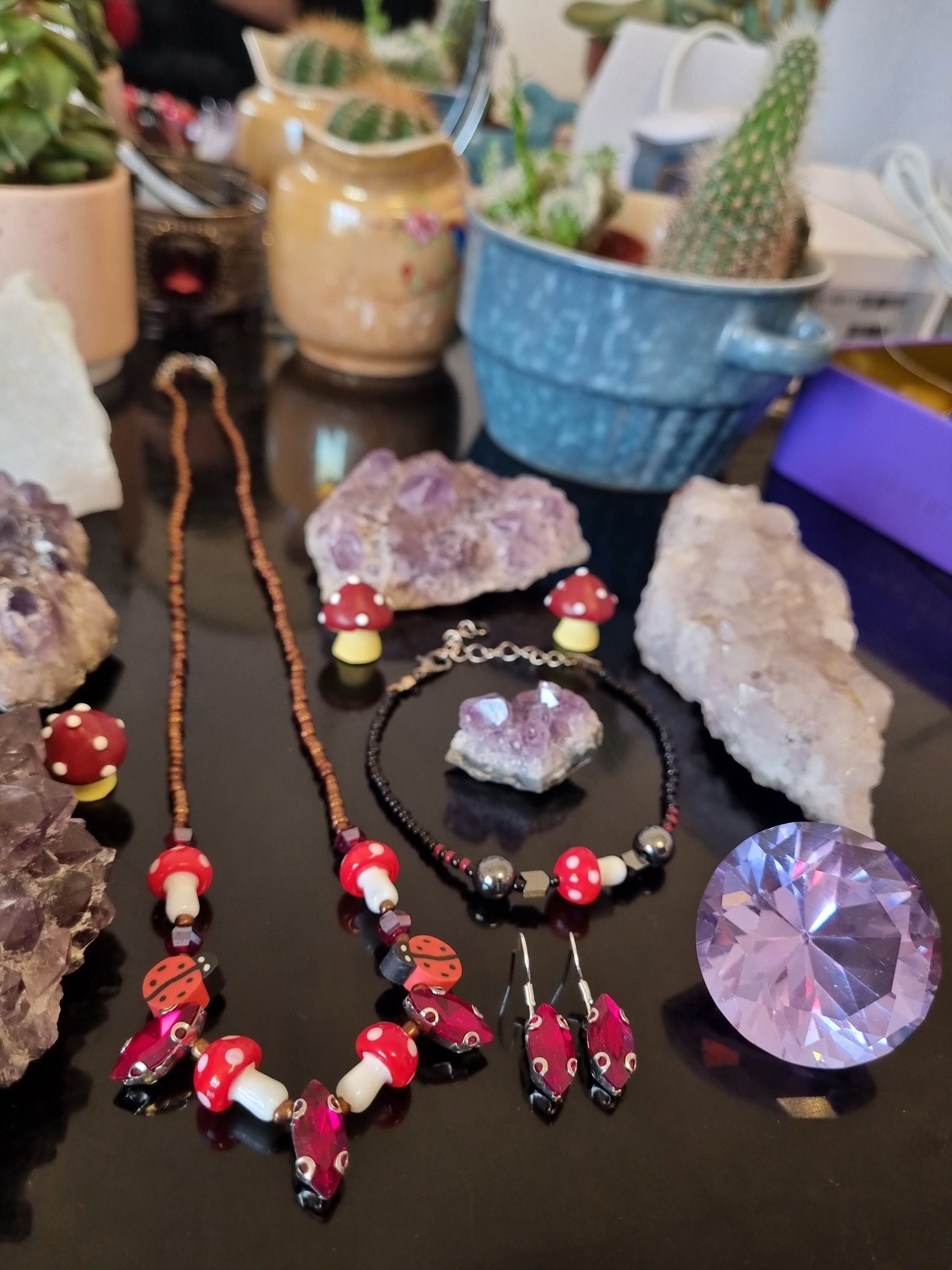 Set: 5 Red Oval and 5 Red - White Mushroom Pendants, Handmade Necklace Earrings and Bracelet, Black, Red, Brown Glass Jewellery Beaded Set