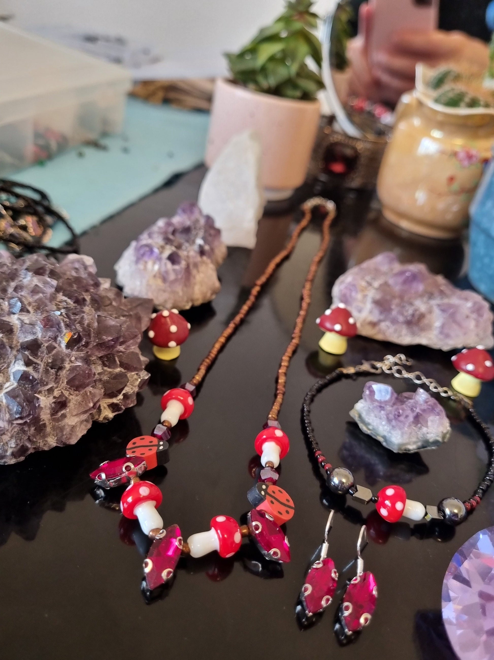 Set: 5 Red Oval and 5 Red - White Mushroom Pendants, Handmade Necklace Earrings and Bracelet, Black, Red, Brown Glass Jewellery Beaded Set