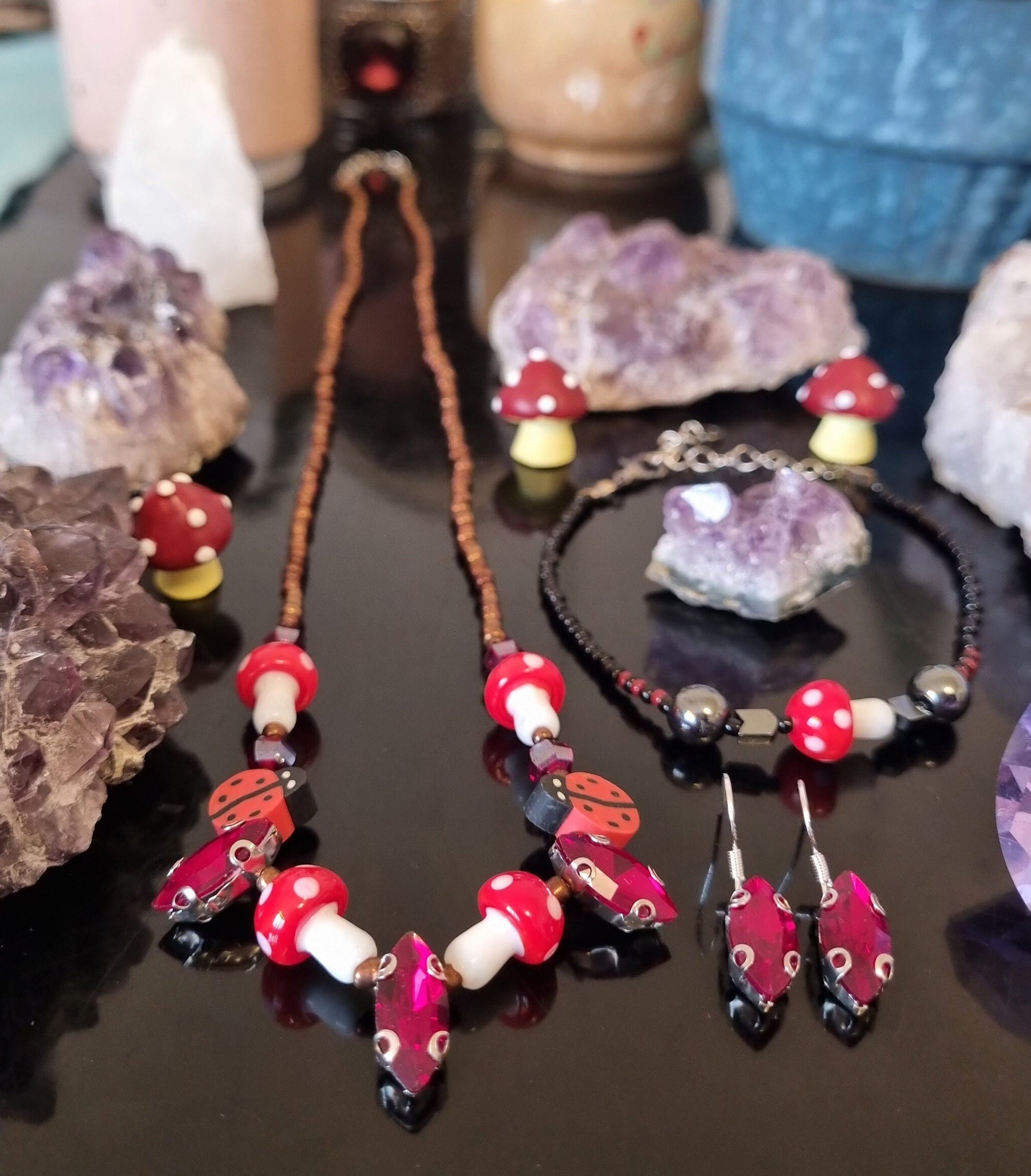 Set: 5 Red Oval and 5 Red - White Mushroom Pendants, Handmade Necklace Earrings and Bracelet, Black, Red, Brown Glass Jewellery Beaded Set