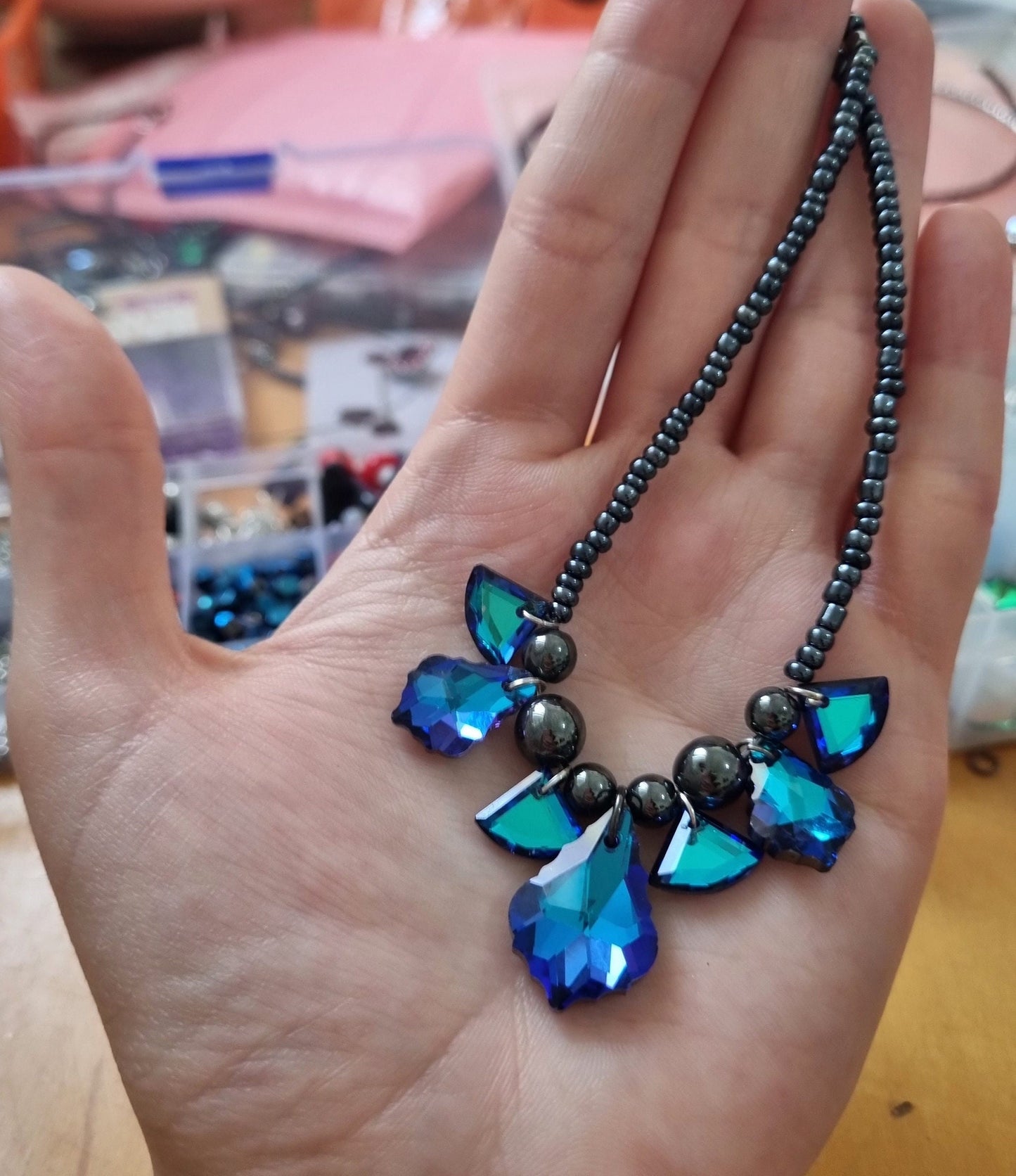 Truth Composition: Blue Purple Baroque Pendnts, Glass Blue Triangle Pendants and Dark Blue Glass Beads