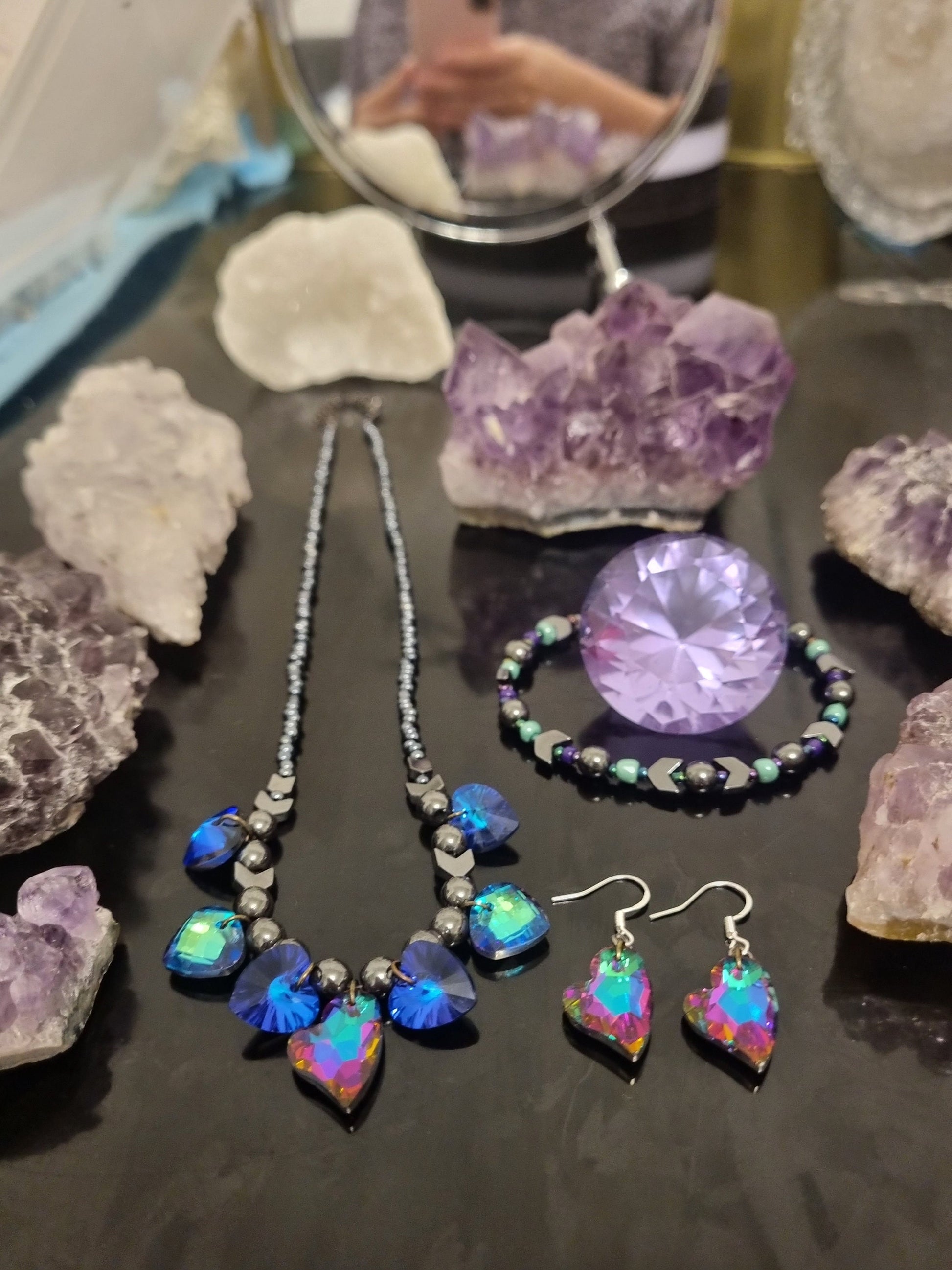 Wild Love Composition: Purple Green, Blue Purple Glass Heart Pendants, Green Triangle Pendants, Hematite Styled Beads, Purple Heart Earrings