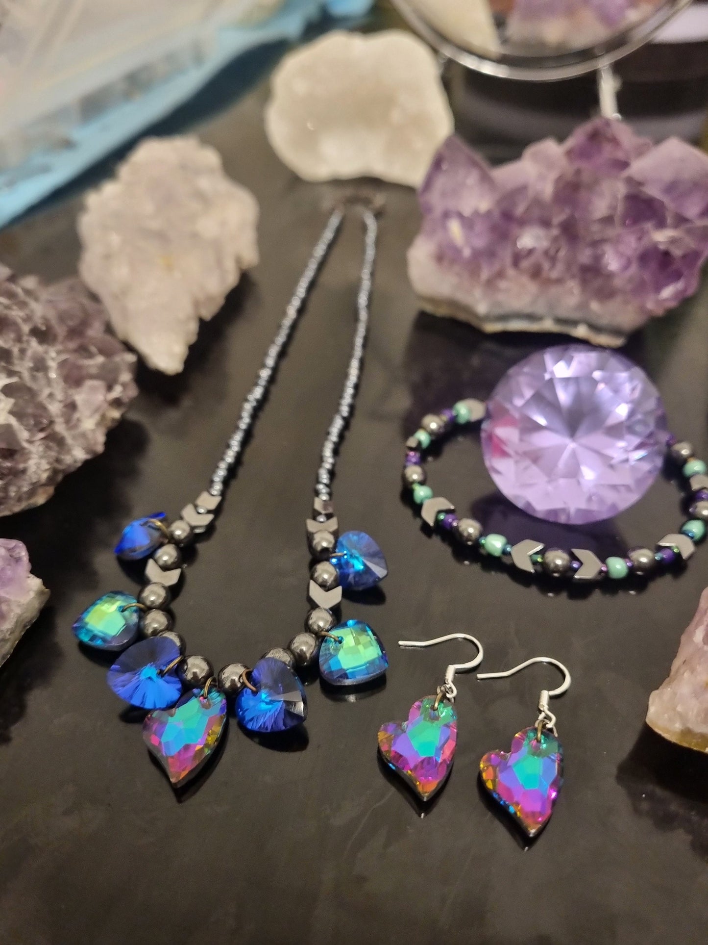 Wild Love Composition: Purple Green, Blue Purple Glass Heart Pendants, Green Triangle Pendants, Hematite Styled Beads, Purple Heart Earrings