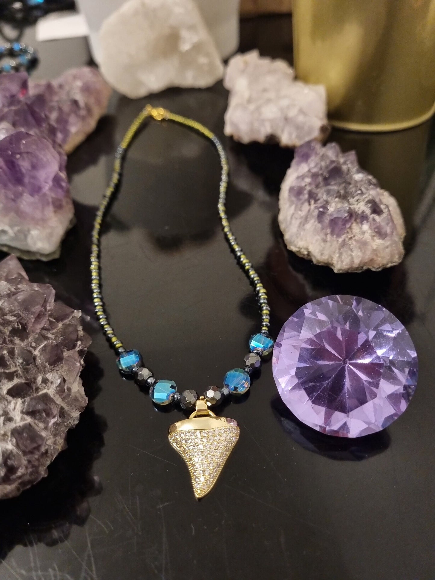 BERMUDA Ocean Set: Unisex Golden Shark Tooth Styled Pendant, Blue and Golden Green Beads, Anchor Drop Earrings and Hematite Styled Bracelet