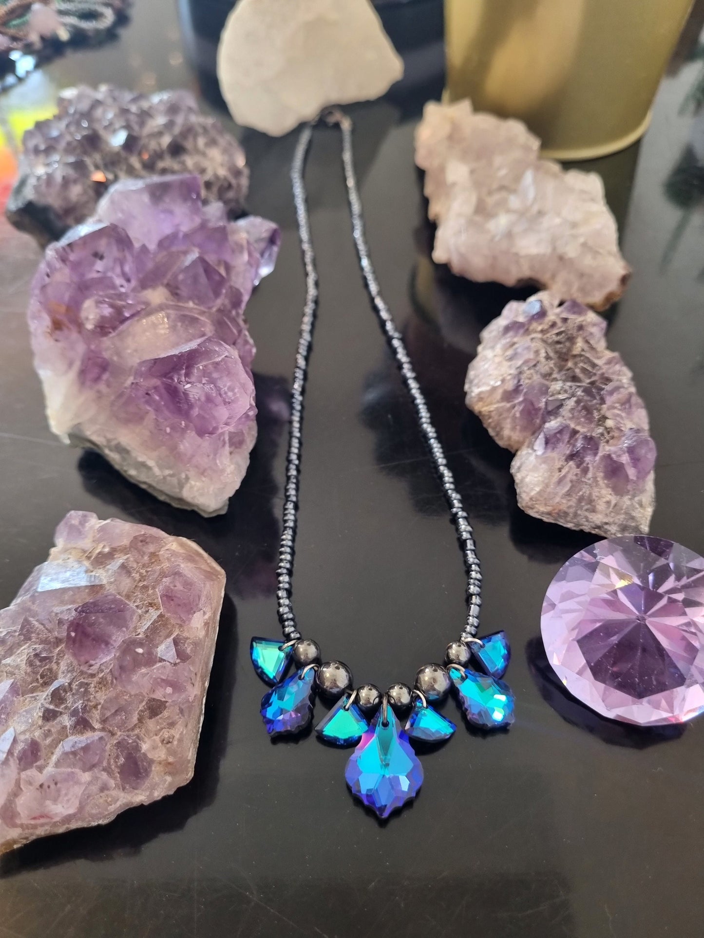 Truth Composition: Blue Purple Baroque Pendnts, Glass Blue Triangle Pendants and Dark Blue Glass Beads