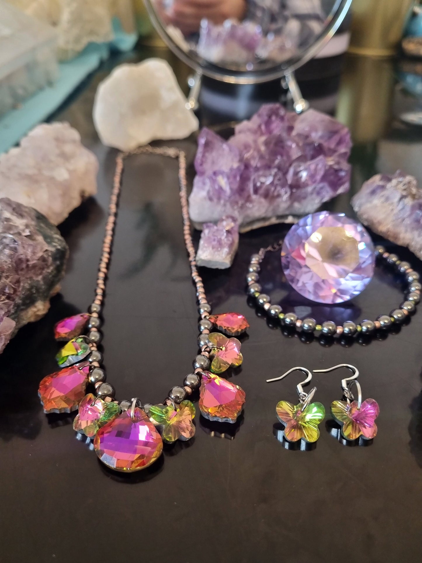 Fantasy Composition Set: Pink - Green Handmade Necklace with 9 Pink Glass Pendants, Glass Pink Butterfly Earrings, Hematite Styled Bracelet