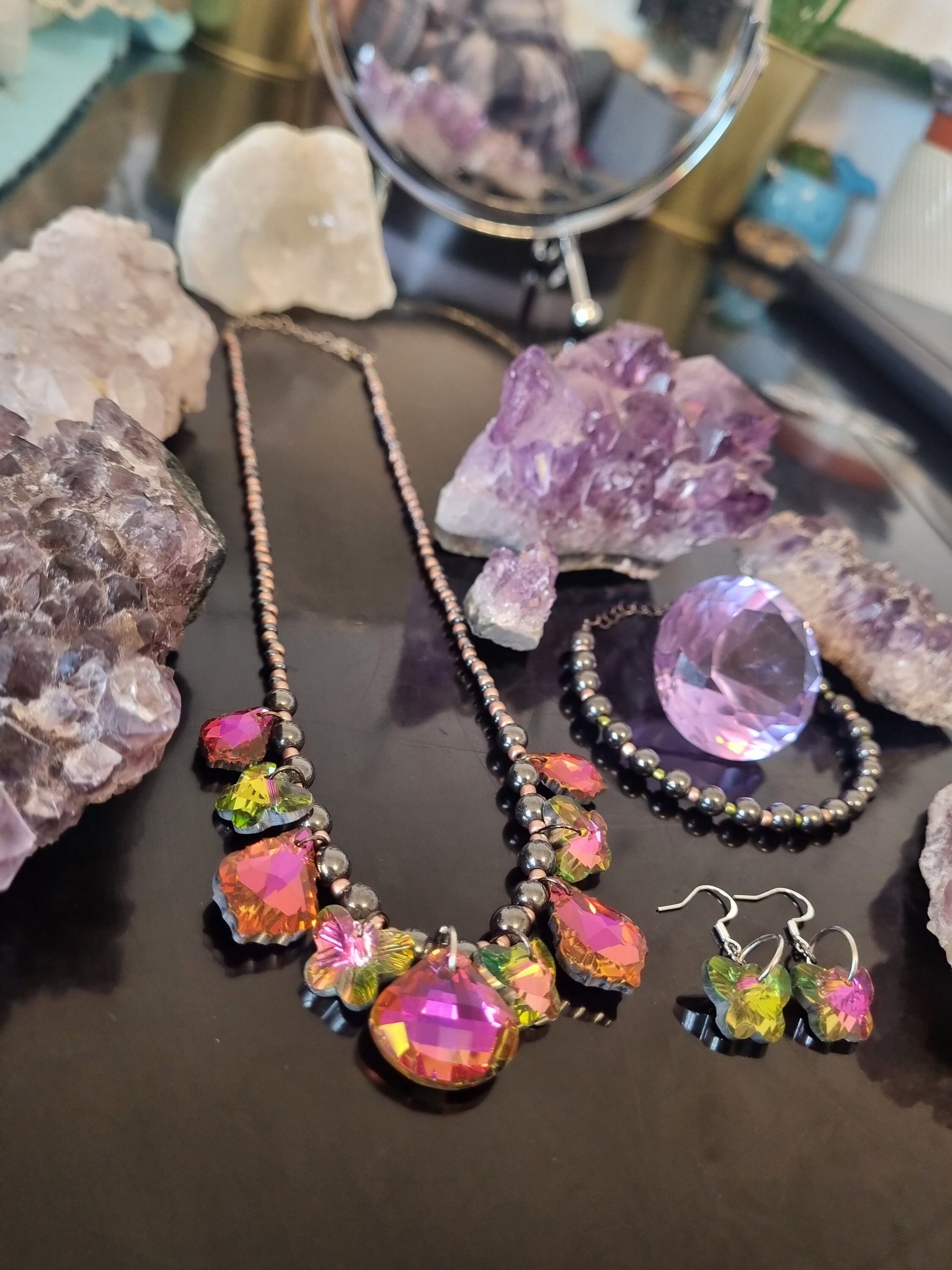 Fantasy Composition Set: Pink - Green Handmade Necklace with 9 Pink Glass Pendants, Glass Pink Butterfly Earrings, Hematite Styled Bracelet