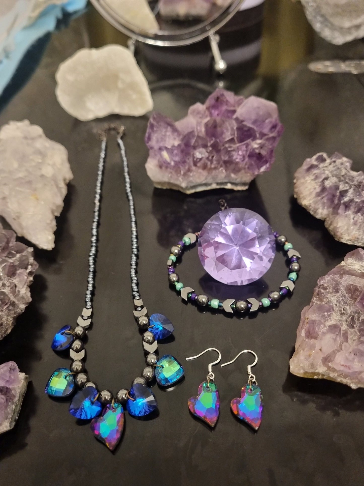 Wild Love Composition: Purple Green, Blue Purple Glass Heart Pendants, Green Triangle Pendants, Hematite Styled Beads, Purple Heart Earrings