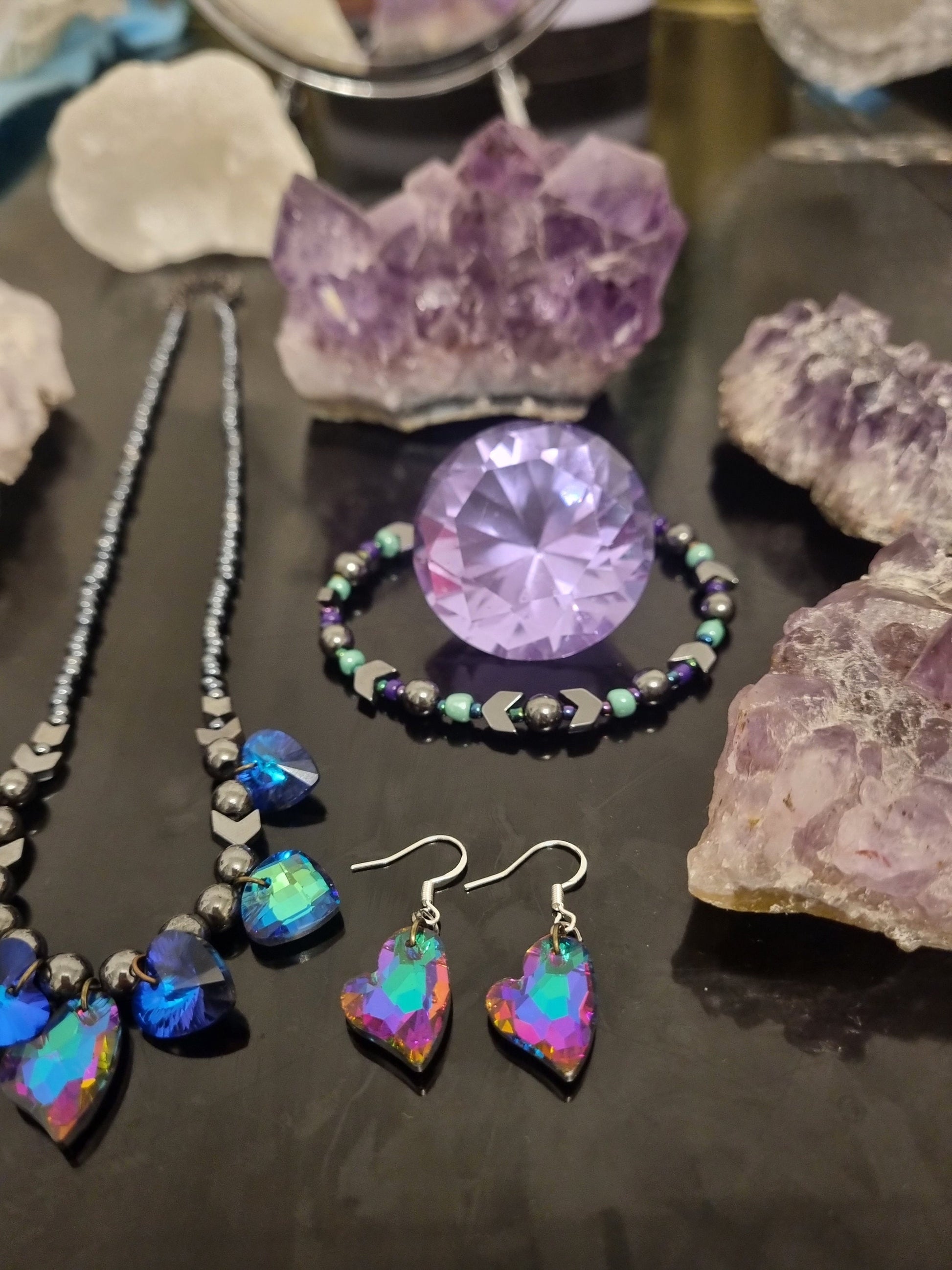 Wild Love Composition: Purple Green, Blue Purple Glass Heart Pendants, Green Triangle Pendants, Hematite Styled Beads, Purple Heart Earrings