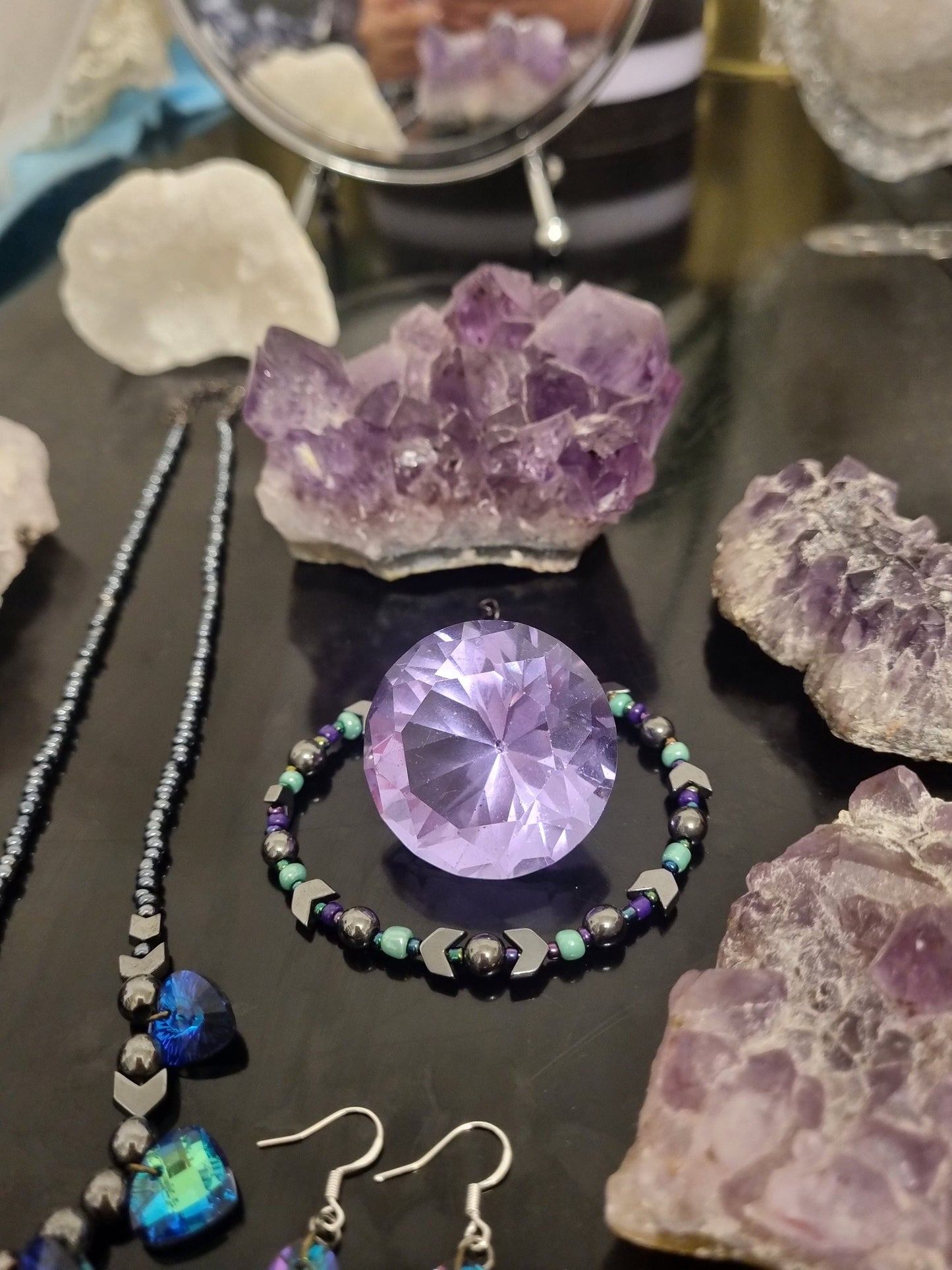 Wild Love Composition: Purple Green, Blue Purple Glass Heart Pendants, Green Triangle Pendants, Hematite Styled Beads, Purple Heart Earrings