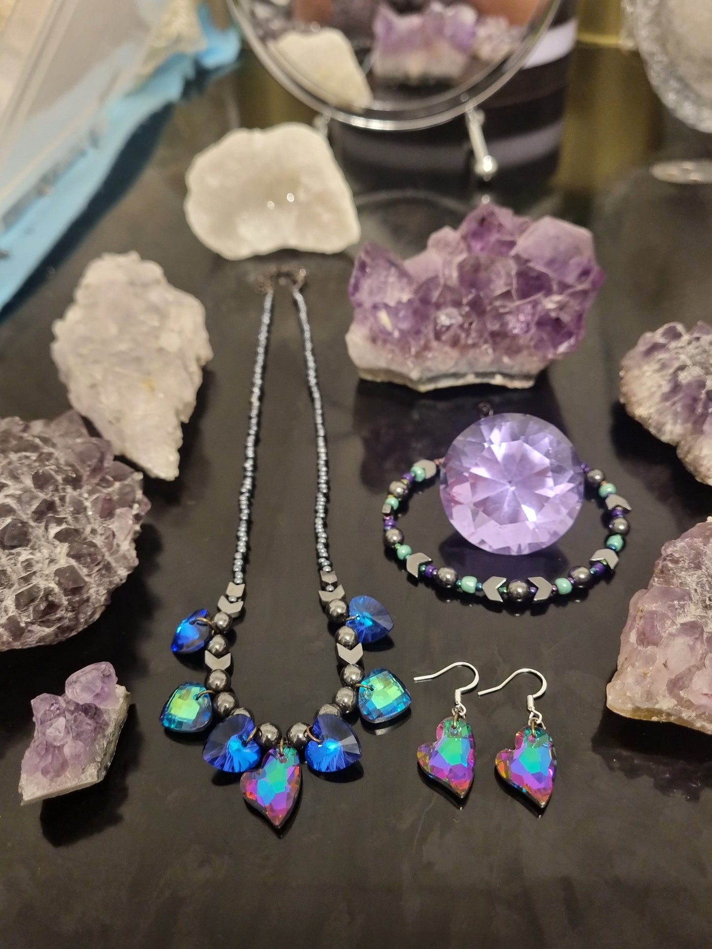 Wild Love Composition: Purple Green, Blue Purple Glass Heart Pendants, Green Triangle Pendants, Hematite Styled Beads, Purple Heart Earrings