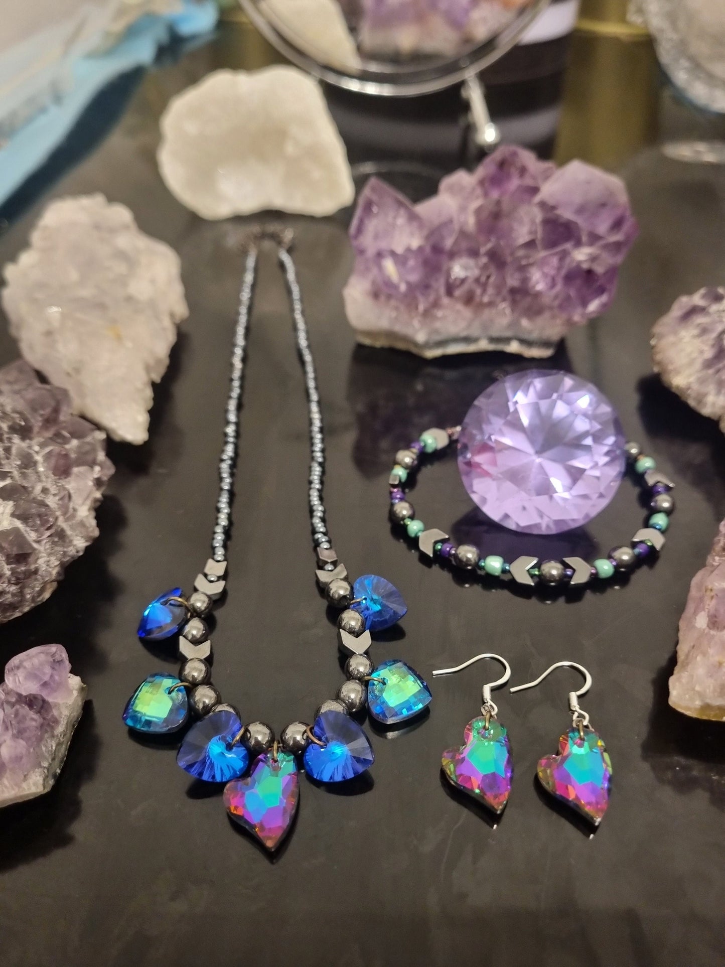 Wild Love Composition: Purple Green, Blue Purple Glass Heart Pendants, Green Triangle Pendants, Hematite Styled Beads, Purple Heart Earrings