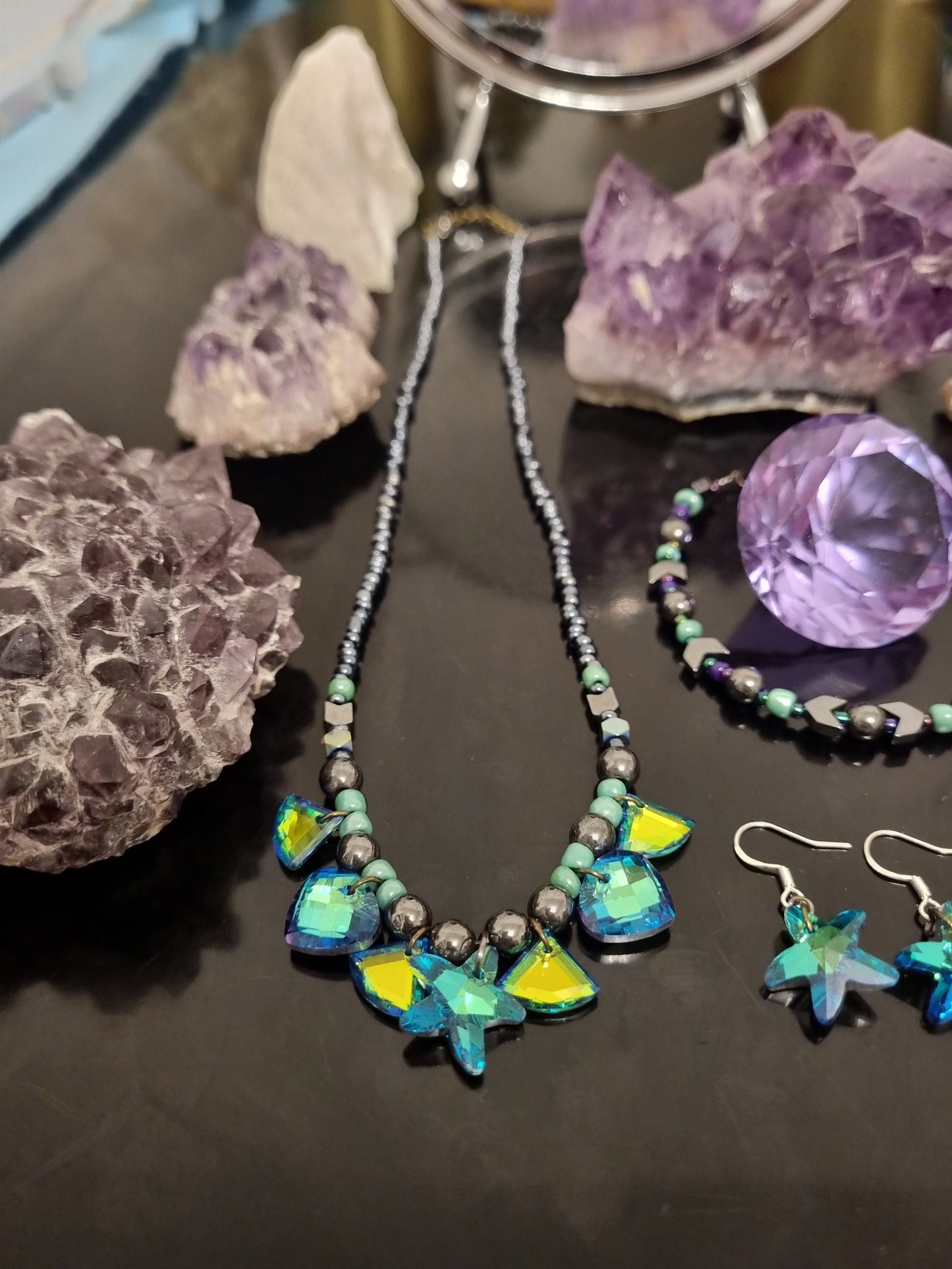 Starfish Jewellery Set: Blue Green Starfish Necklace, Starfish Glass Pendant,Green Blue Yellow Stunning Glass Triangle Pendants and Beads