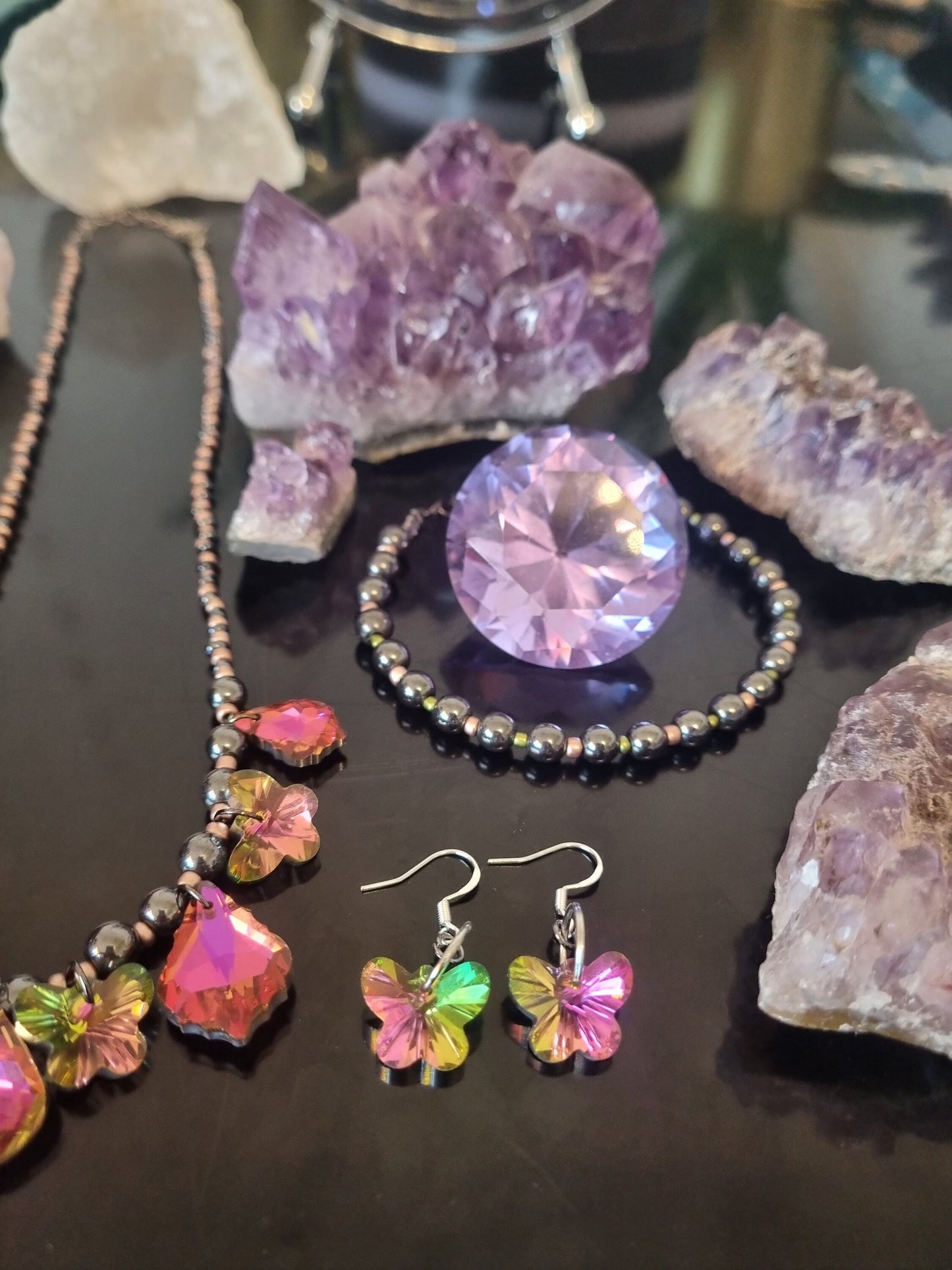 Fantasy Composition Set: Pink - Green Handmade Necklace with 9 Pink Glass Pendants, Glass Pink Butterfly Earrings, Hematite Styled Bracelet