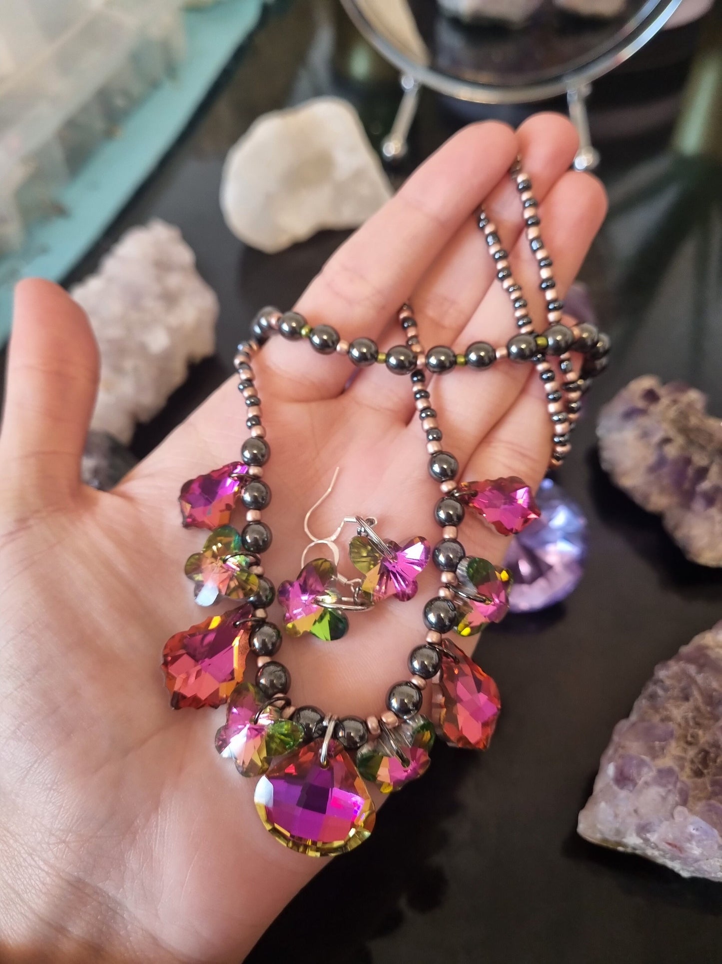 Fantasy Composition Set: Pink - Green Handmade Necklace with 9 Pink Glass Pendants, Glass Pink Butterfly Earrings, Hematite Styled Bracelet