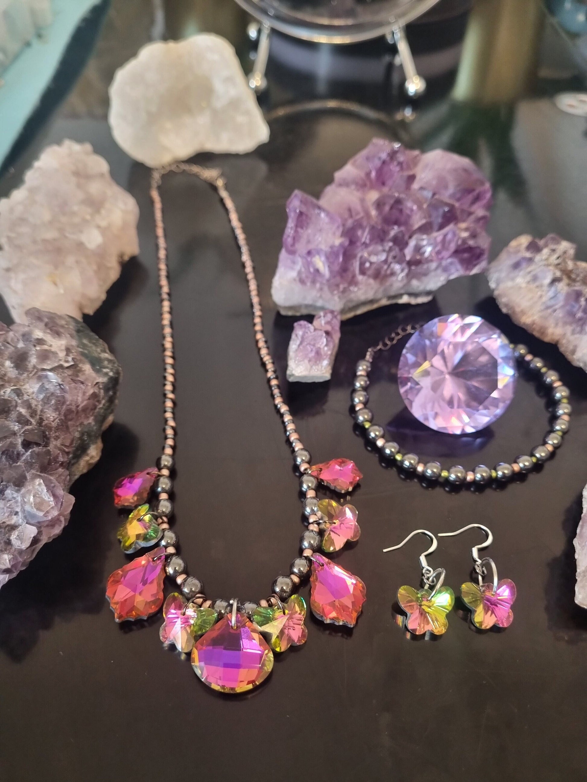 Fantasy Composition Set: Pink - Green Handmade Necklace with 9 Pink Glass Pendants, Glass Pink Butterfly Earrings, Hematite Styled Bracelet