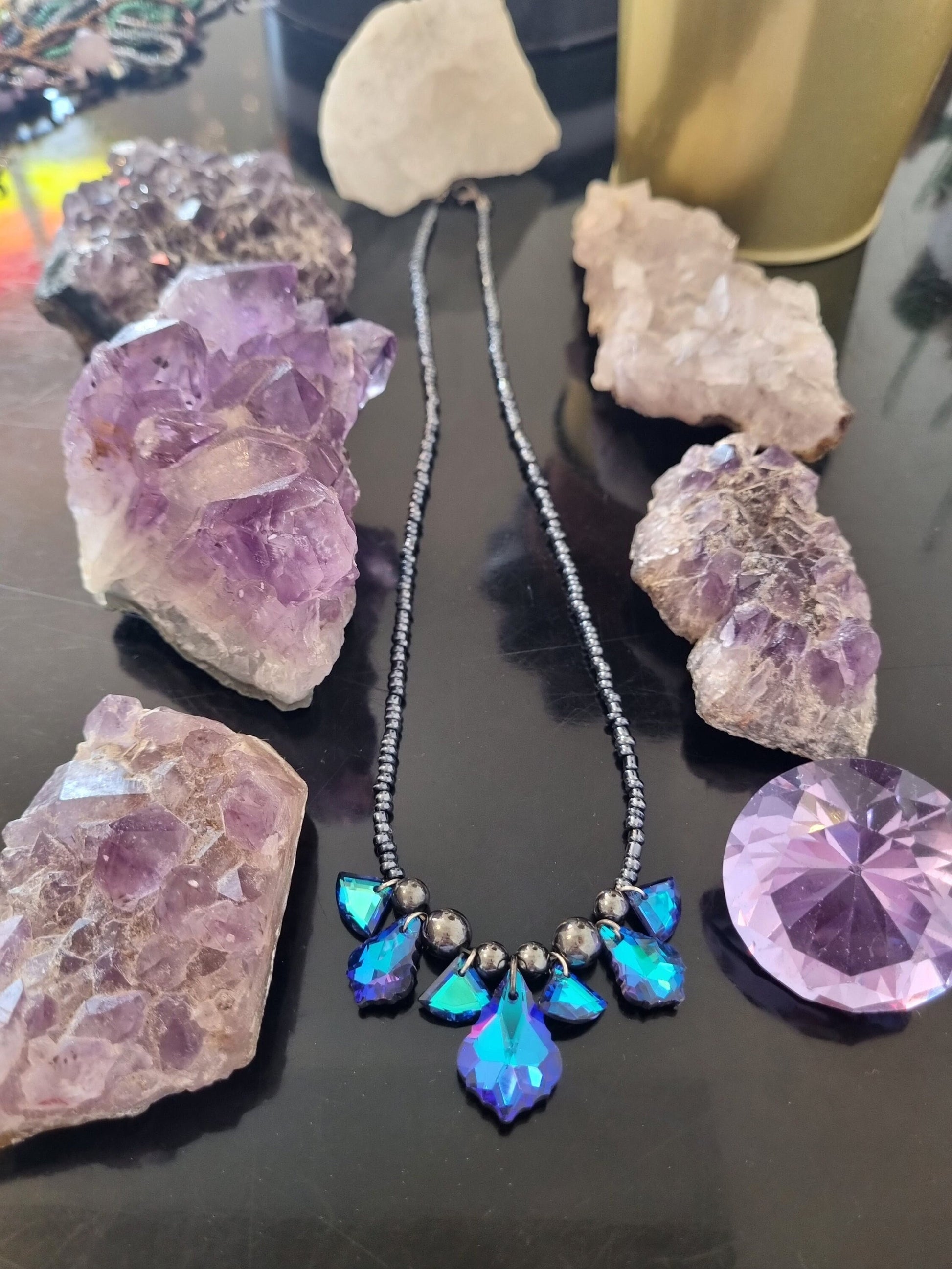 Truth Composition: Blue Purple Baroque Pendnts, Glass Blue Triangle Pendants and Dark Blue Glass Beads