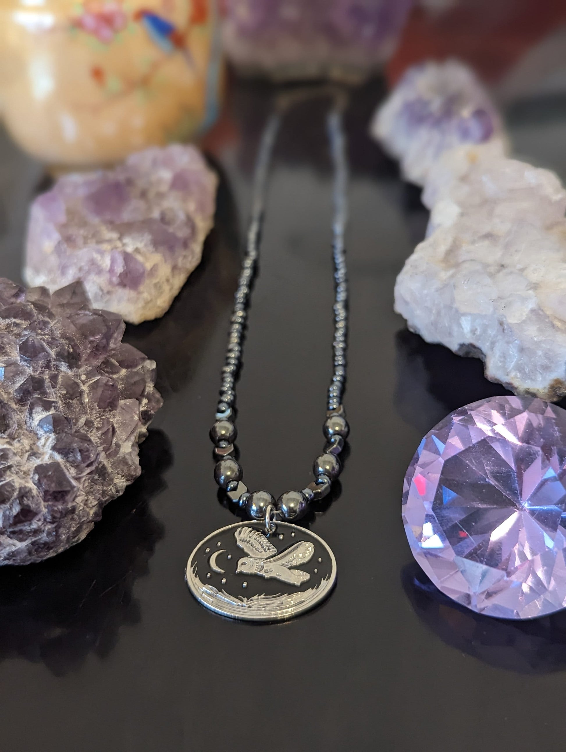 Black and Silver Flying Owl, Moon and Trees Necklace