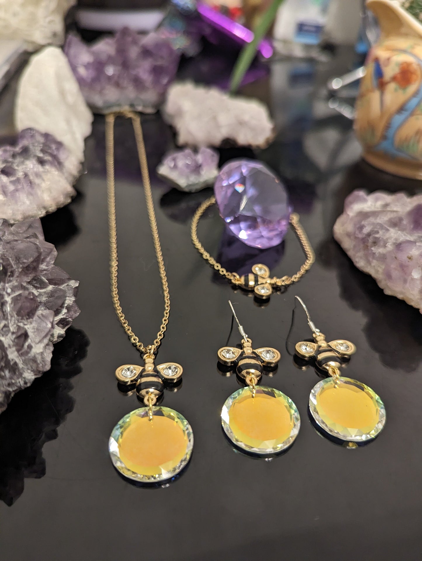 Golden Bee Set: Golden Bee Pendants with Round Clear Yellow Reflective Glass Pendants and Golden Chains