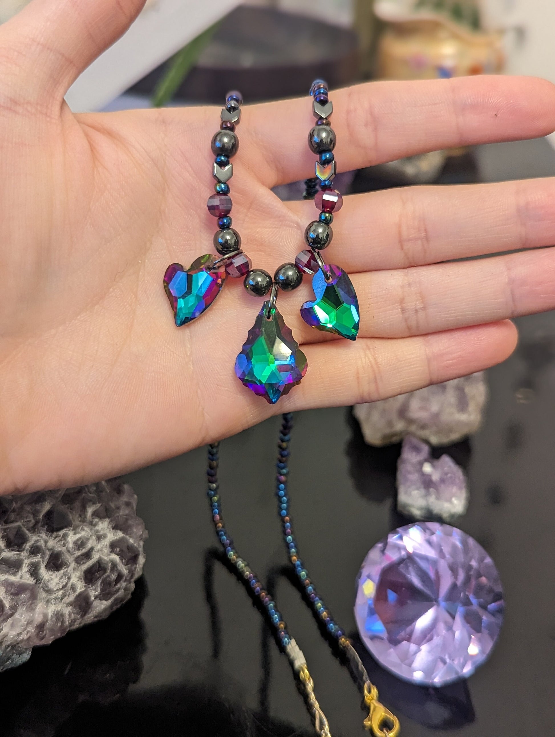 Purple Green Baroque and Two Heart Glass Pendants, Red and Multicoloured Glass Beads and Hematite Styled Beads