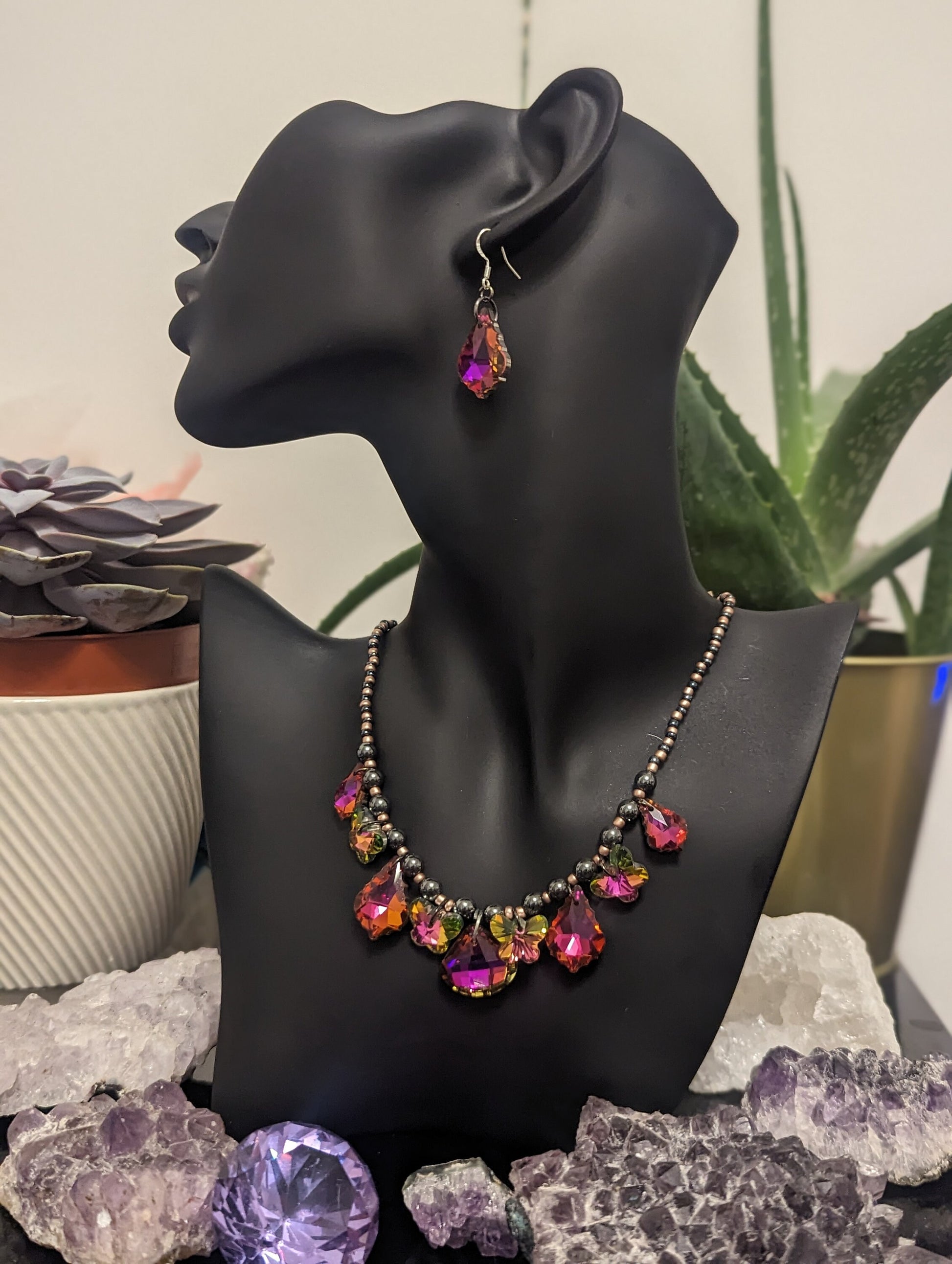 Fantasy Composition Set: Pink - Green Handmade Necklace with 9 Pink Glass Pendants, Glass Pink Butterfly Earrings, Hematite Styled Bracelet