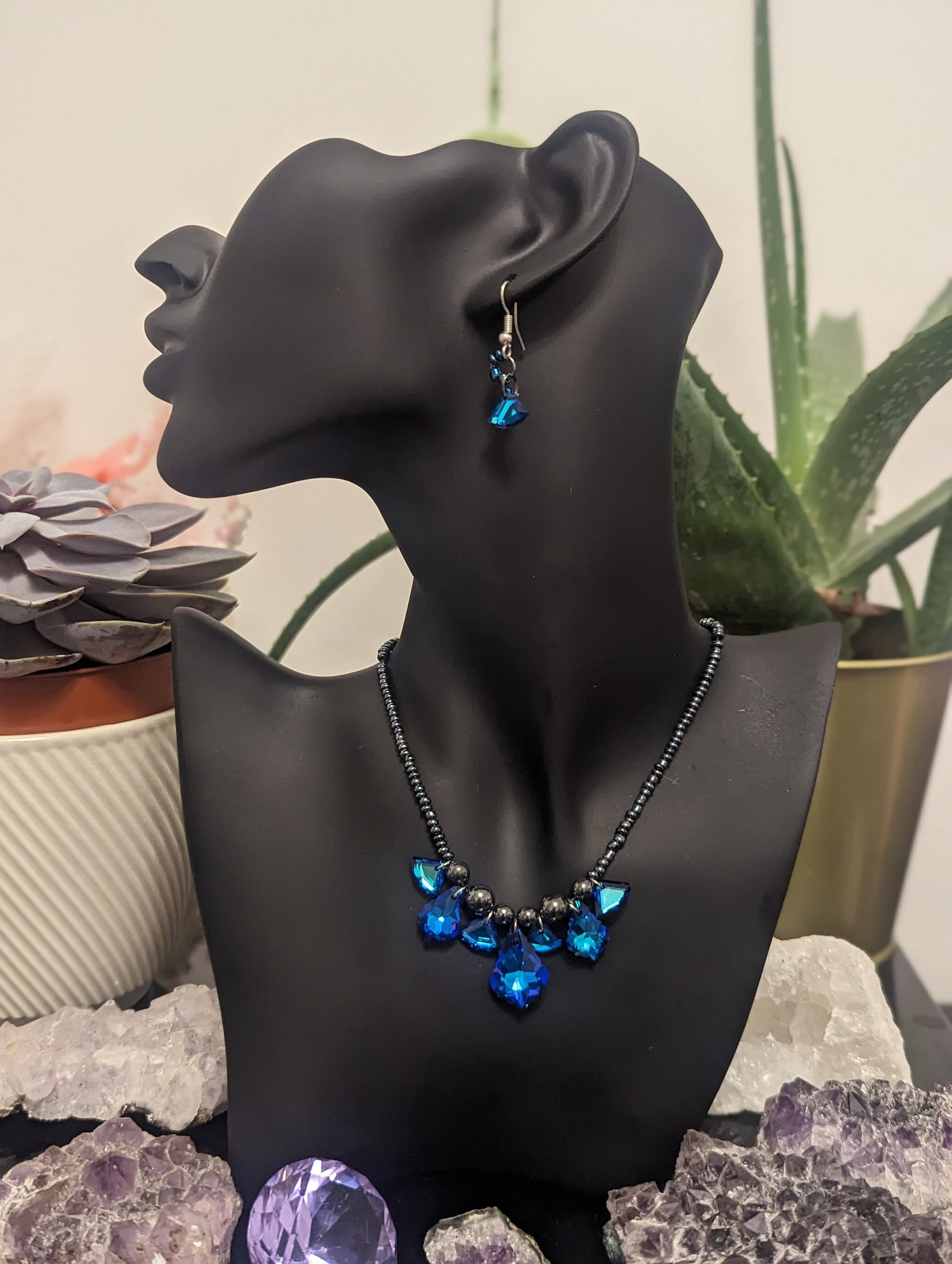 Truth Composition: Blue Purple Baroque Pendnts, Glass Blue Triangle Pendants and Dark Blue Glass Beads