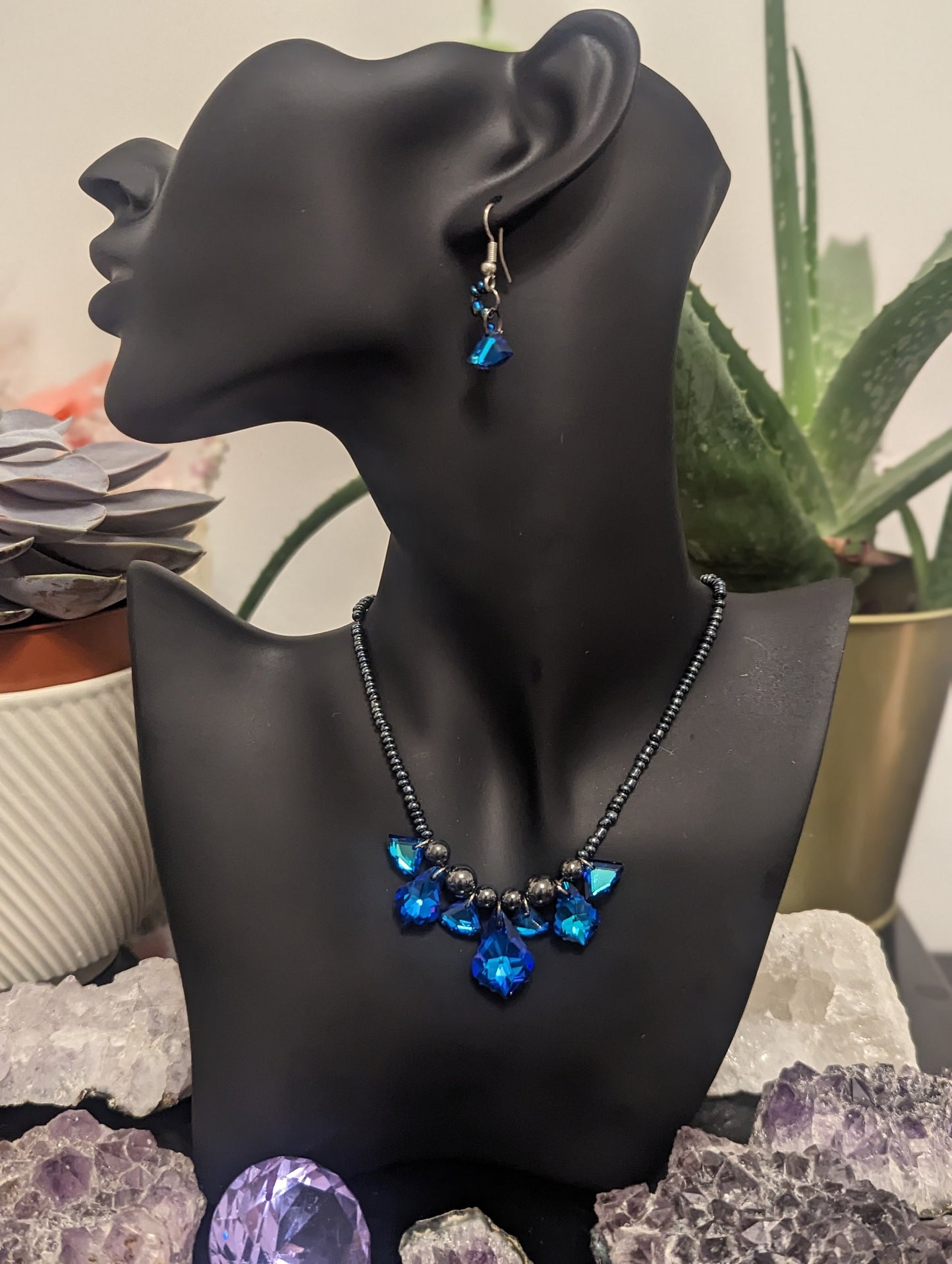 Truth Composition: Blue Purple Baroque Pendnts, Glass Blue Triangle Pendants and Dark Blue Glass Beads