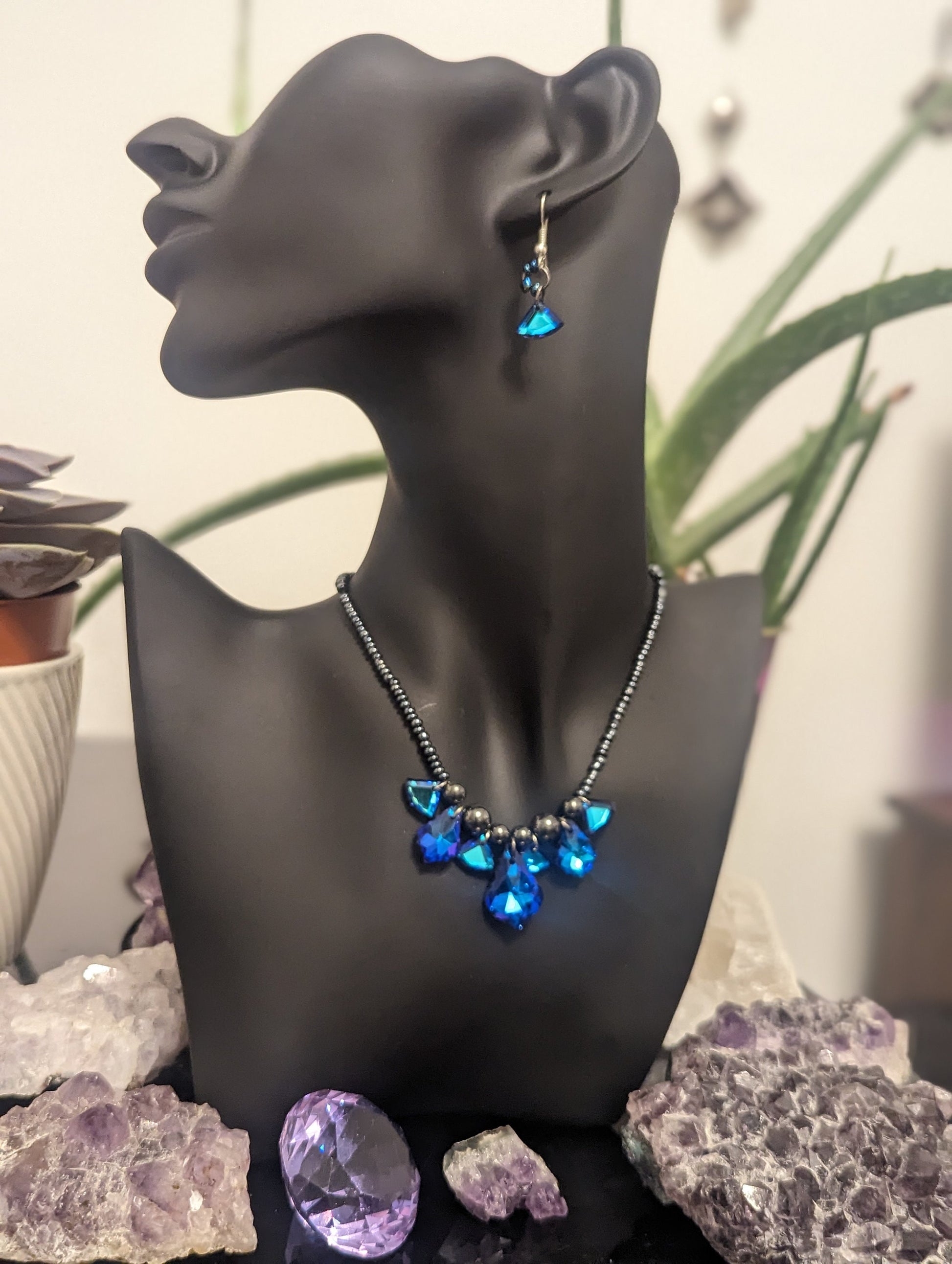 Truth Composition: Blue Purple Baroque Pendnts, Glass Blue Triangle Pendants and Dark Blue Glass Beads