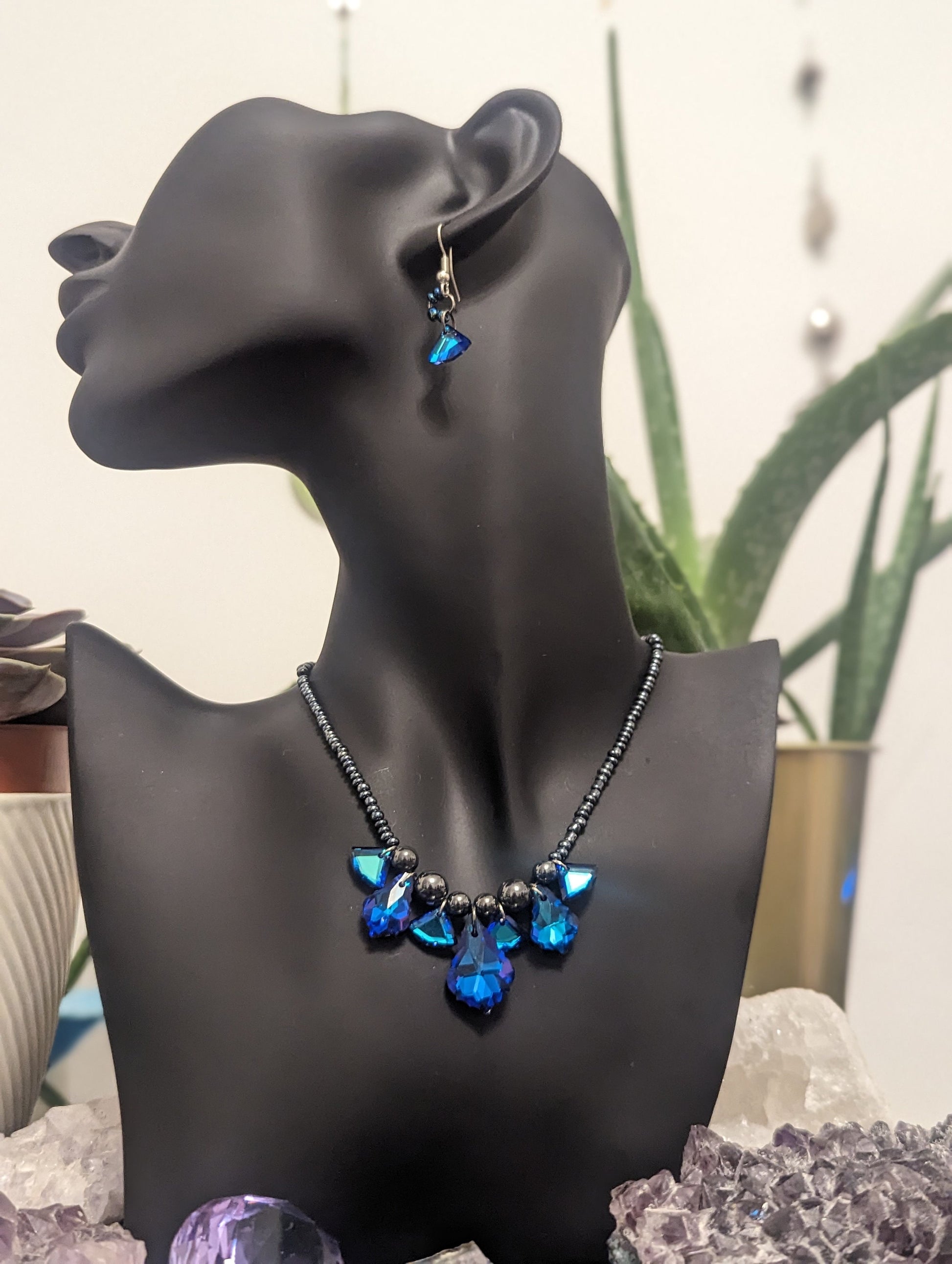 Truth Composition: Blue Purple Baroque Pendnts, Glass Blue Triangle Pendants and Dark Blue Glass Beads