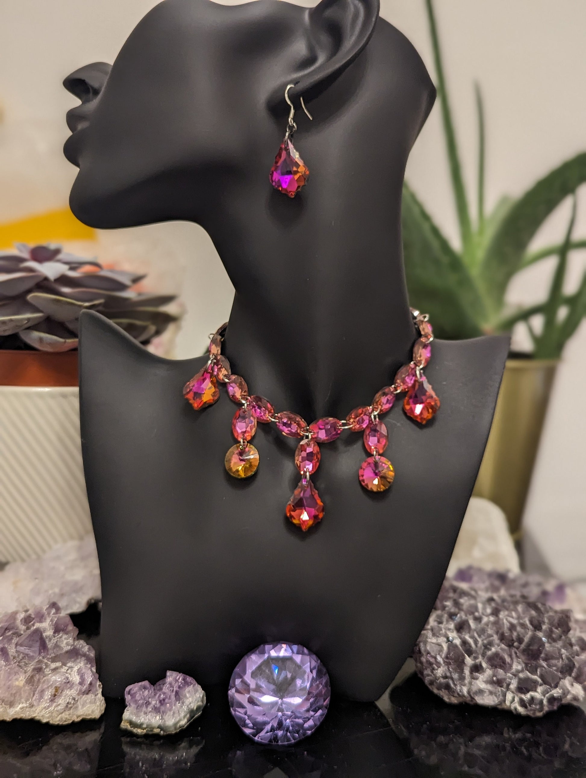 Hot Pink Royal Glass Necklace with 25 Stunning Shimmering Hot Pink Earrings for Events, Princess Pink Vintage Glass Baroque Necklace