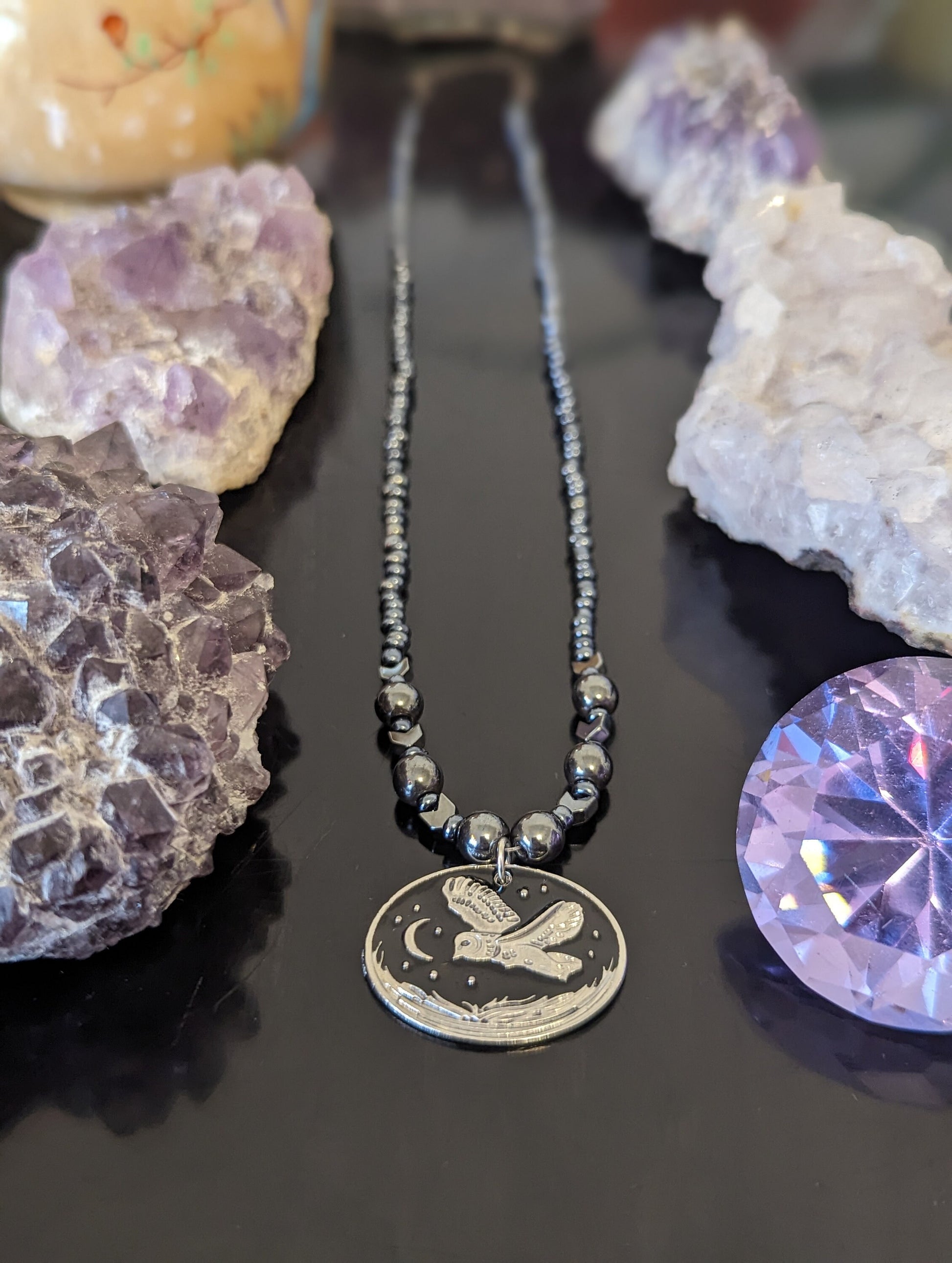 Black and Silver Flying Owl, Moon and Trees Necklace