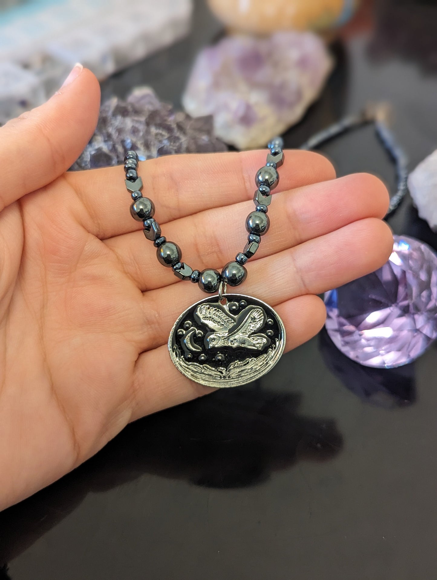 Black and Silver Flying Owl, Moon and Trees Necklace