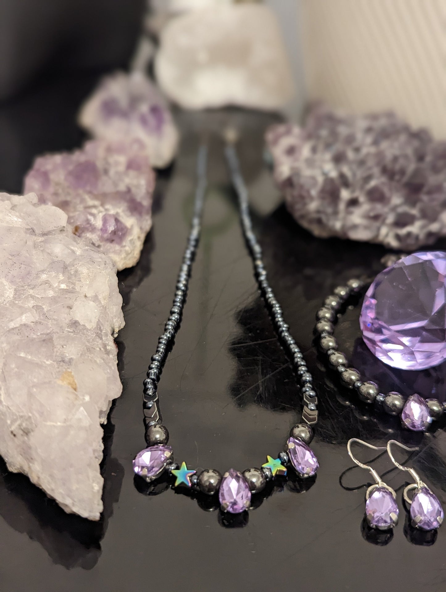 Purple Glass Drop Jewellery Set with 6 Purple Glass Stunning Pendants in Necklace, Earrings and Bracelet with Star and Hematite Styled Beads