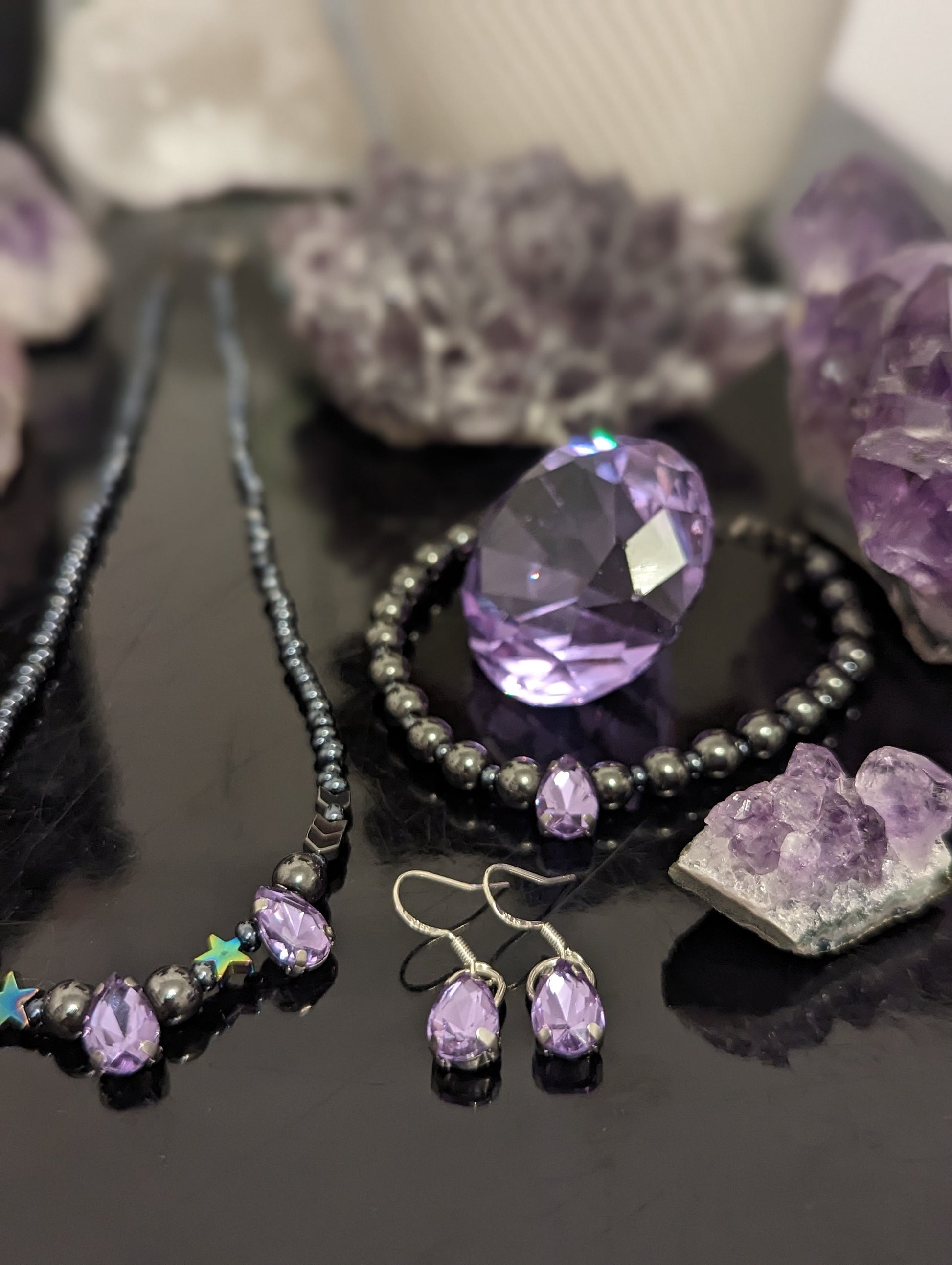 Purple Glass Drop Jewellery Set with 6 Purple Glass Stunning Pendants in Necklace, Earrings and Bracelet with Star and Hematite Styled Beads