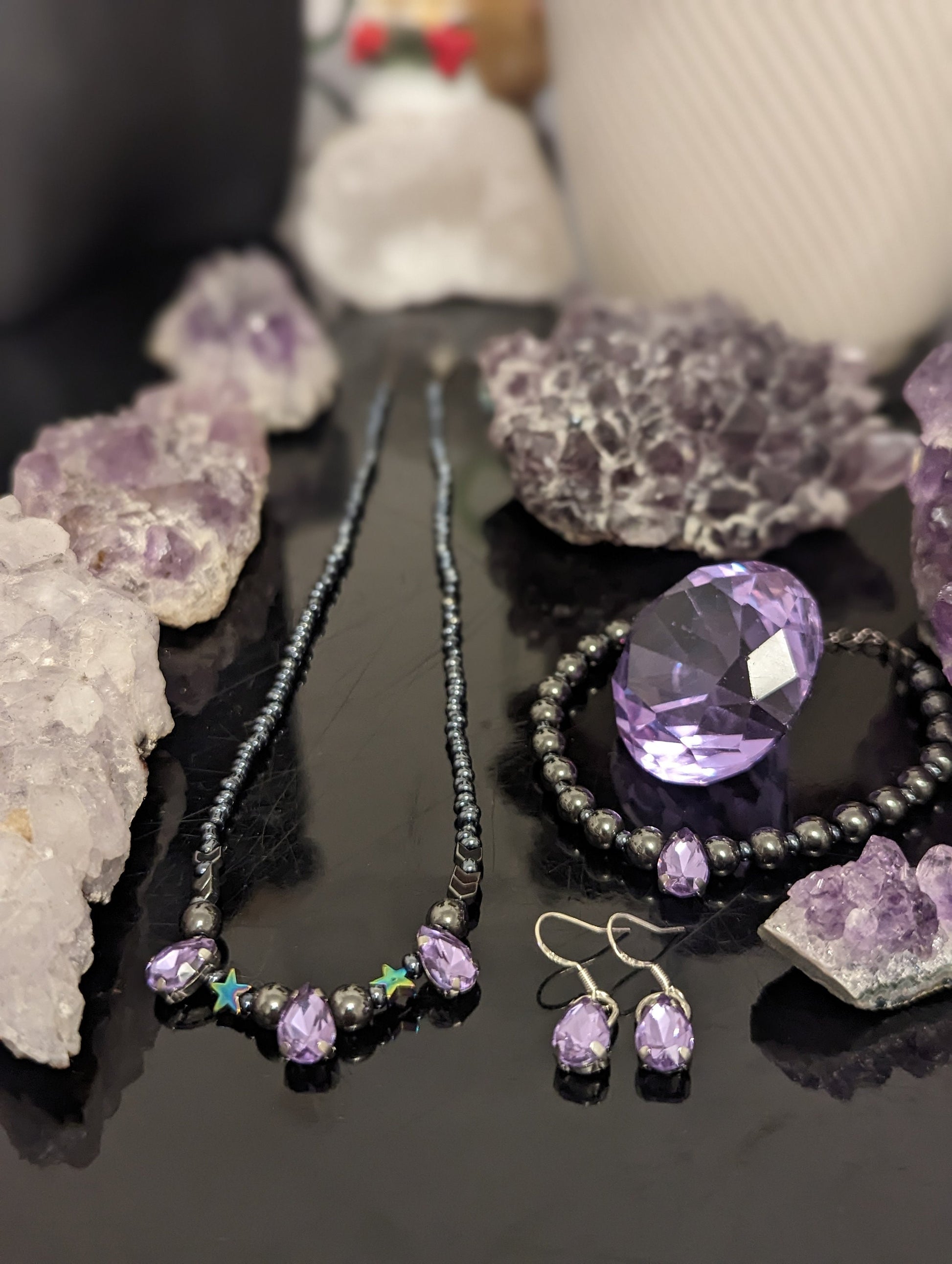 Purple Glass Drop Jewellery Set with 6 Purple Glass Stunning Pendants in Necklace, Earrings and Bracelet with Star and Hematite Styled Beads